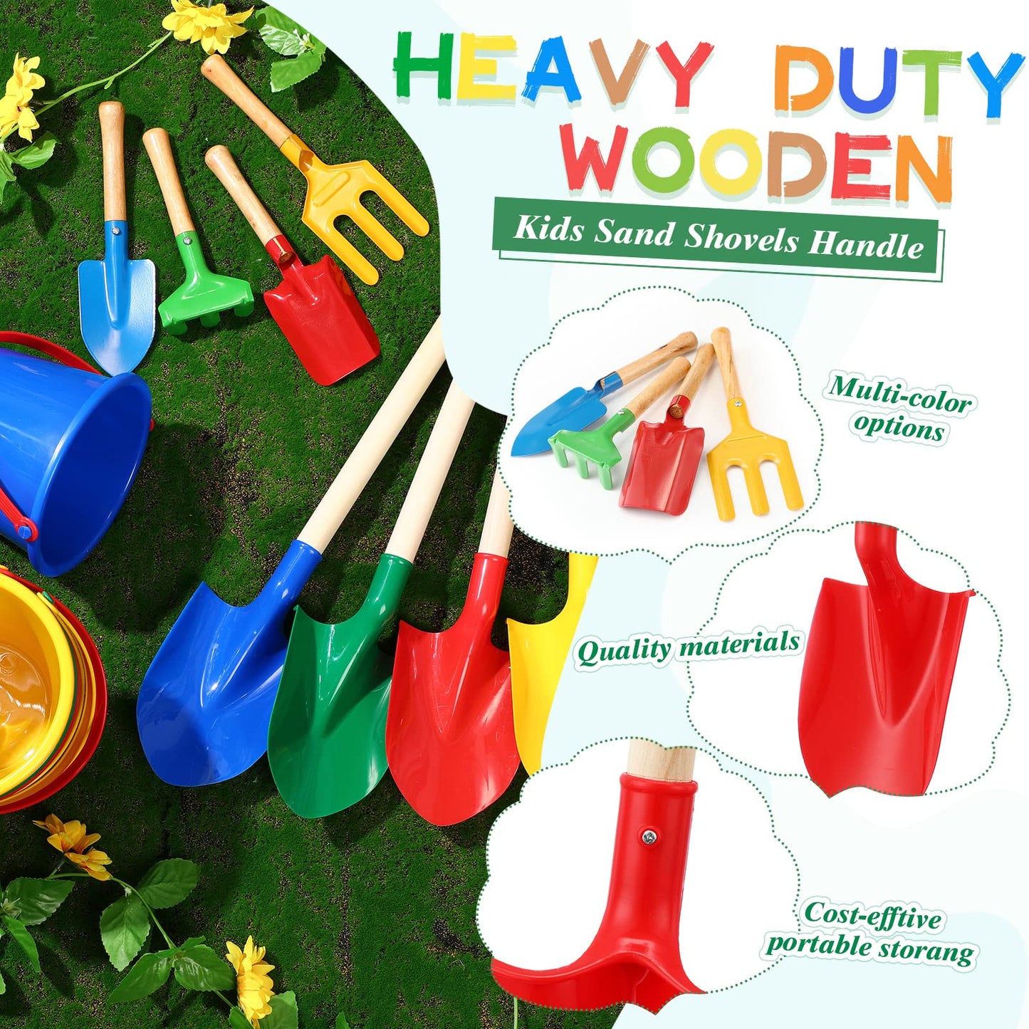Jexine 24 Pcs Sand Buckets and Shovels for Kids Beach Sand Toys Bulk 12 Plastic Beach Buckets and 12 22 Inches Gardening Shovel with Wooden Handle Summer Toys for Boys and Girls, 4 Colors