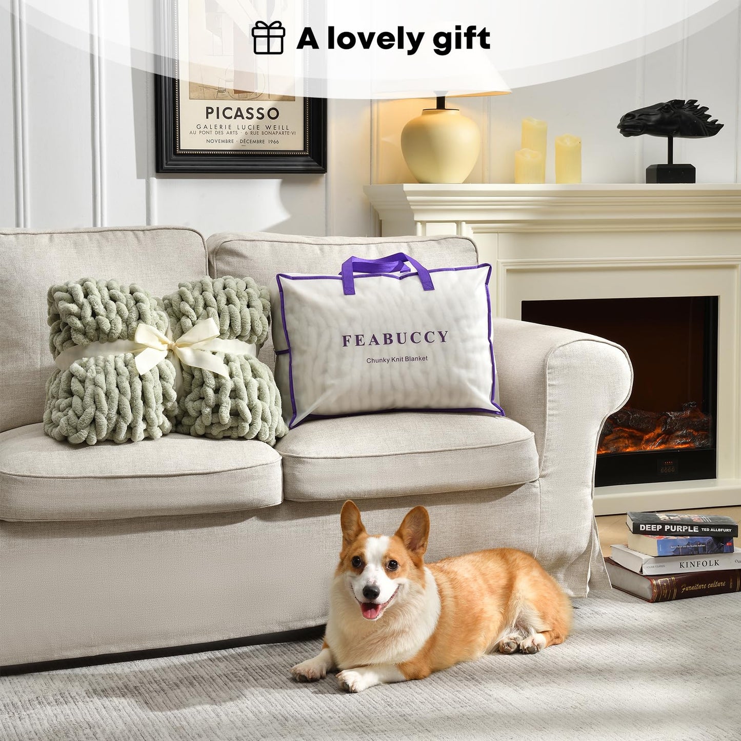 Feabuccy Soft Chunky Knit Blanket, 50X60 In Handmade Thick Chenille Yarn Throw without Shedding & Raveling, Aesthetic & Cozy Home Decor with Couch Sofa Bed, Gift Pack, Ivory White