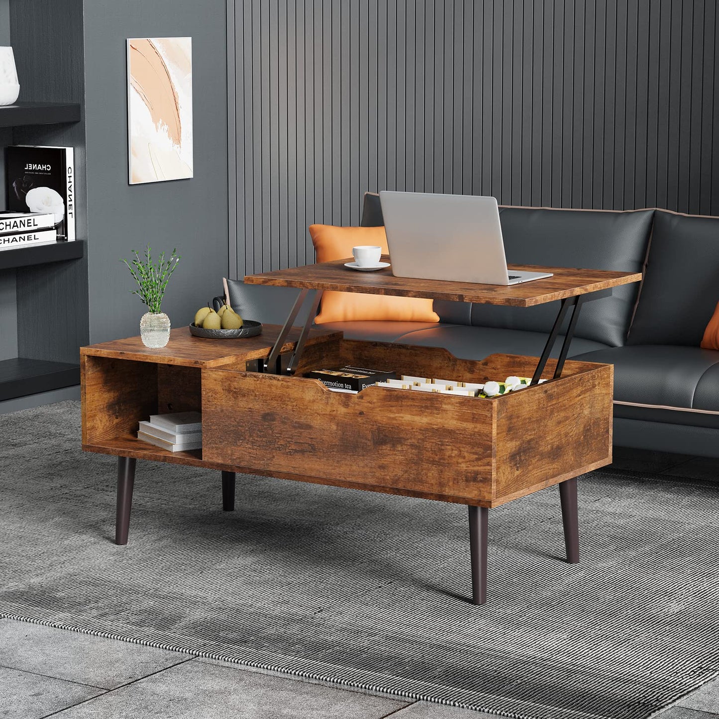 Sweetcrispy Wood Coffee Table Lift Top Coffee Tables for Living Room Office, Small Rising Wooden Center Tables with Large Storage Shelf and Hidden Compartment, Brown