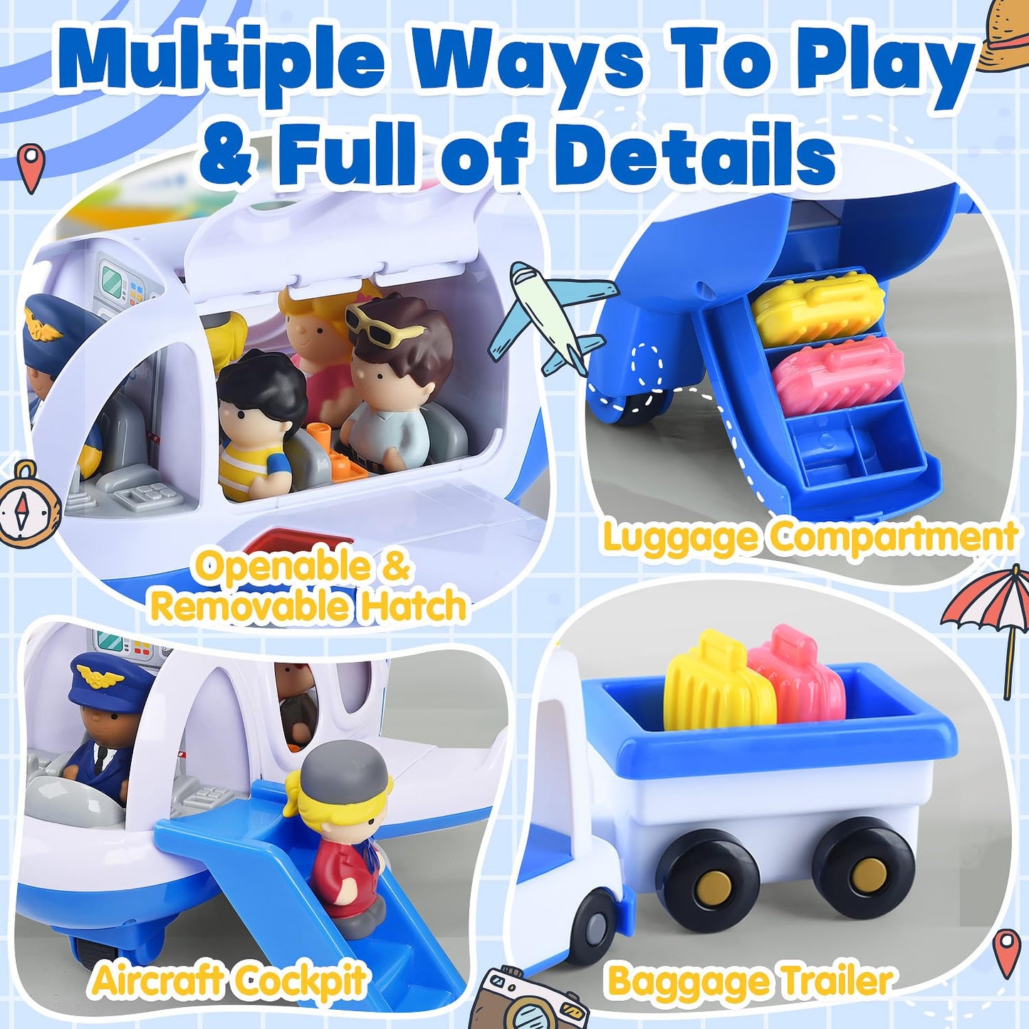 PLAY Airplane Toy for Kids - Toddler Airplane Toys Travel Plane Toys for Kids 2+ Years Old with Small Figures & Baggage Carrier, Musical Toy Airplane with Lights for Boys Girls Gifts Birthday