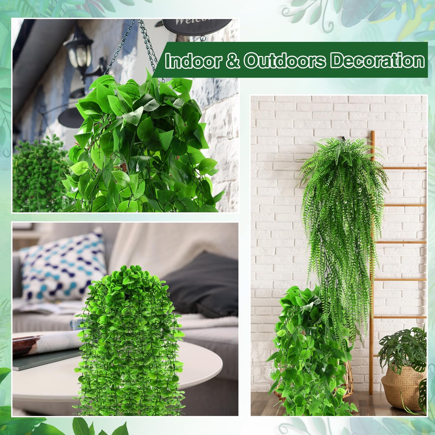 Daifunli 12 Pcs Artificial Hanging Plants Fake Hanging Ferns Plastic Faux Plants for Wall Room Garden Garland Indoor Outdoor Decor No Basket (Boston,Eucalyptus,Ivy Vine,String of Pearls)