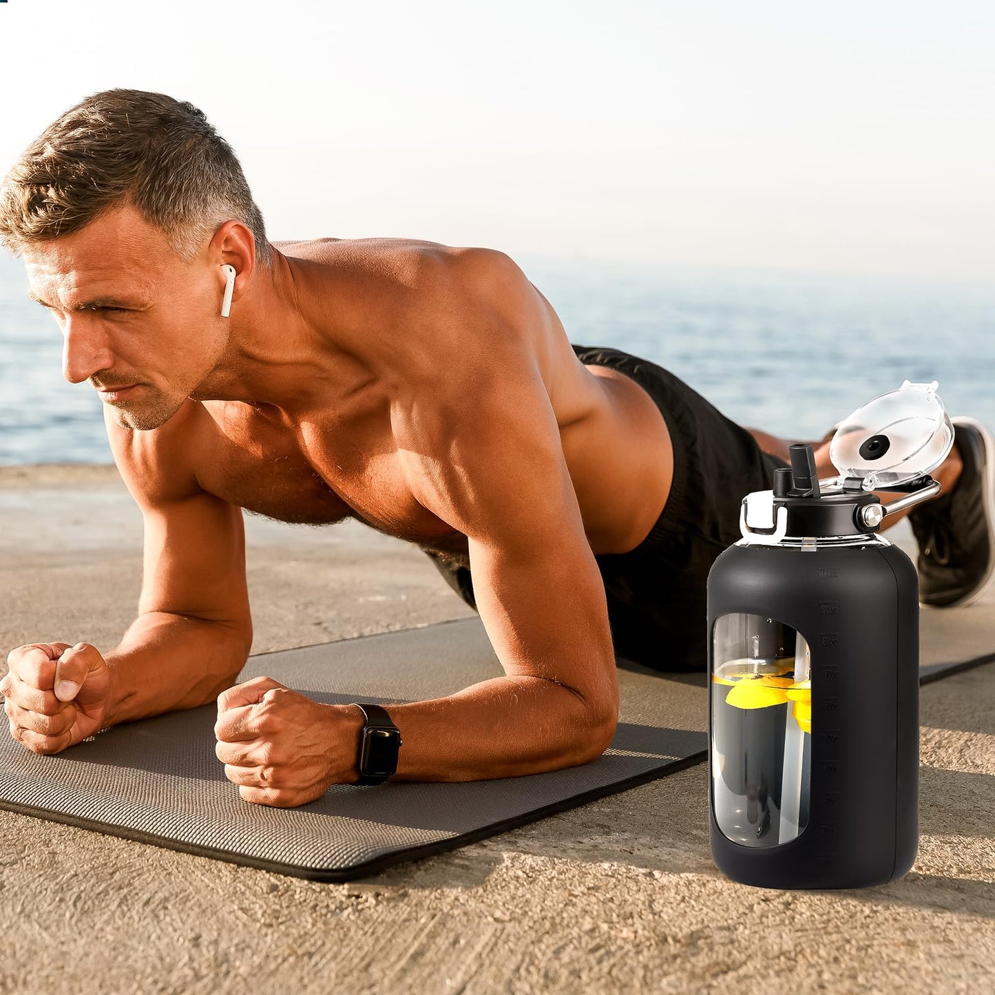 WINSA Large Glass Water Bottles with Stainless Steel Handle,100 oz Gallon Drinking Bottle with 2-in-1 Straw Lid,3 Liter Glass Water Jug with Silicone Sleeve,Wide Mouth,Black