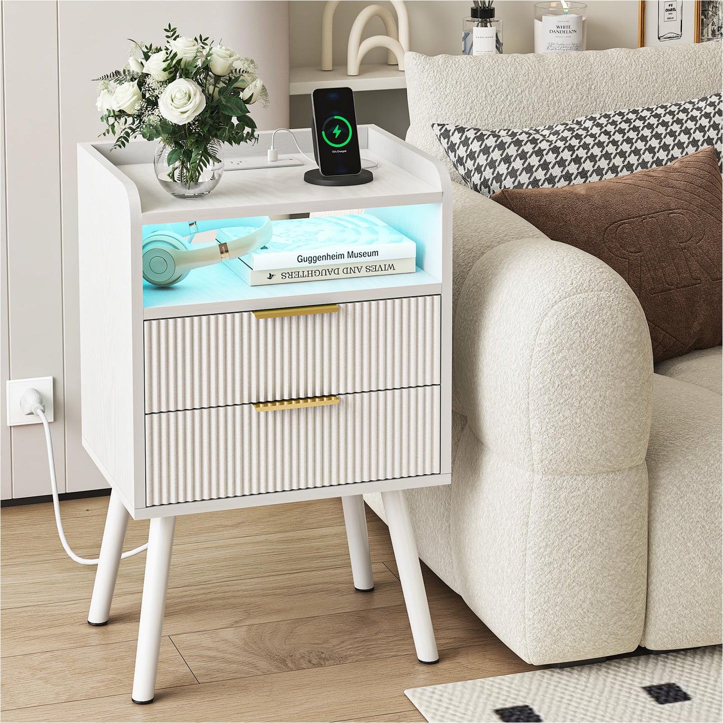 Fixwal White Fluted Nightstand with Charging Station, LED Night Stand with 2 Wood Drawers for Bedroom, Modern Bedside Table, 15.7 x 11.8 x 25.6in