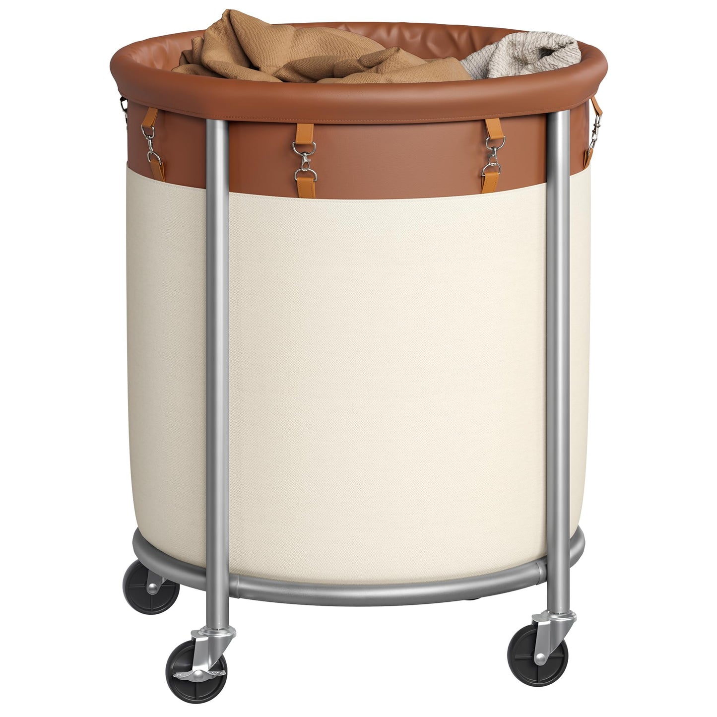 SONGMICS 50.2-Gallon (190 L) Laundry Basket with Wheels, Rolling Round Heavy-Duty Laundry Hamper Cart with Steel Frame and Removable Bag, 2 Locking Wheels, Coffee Brown and Cream White URLS001KQ02