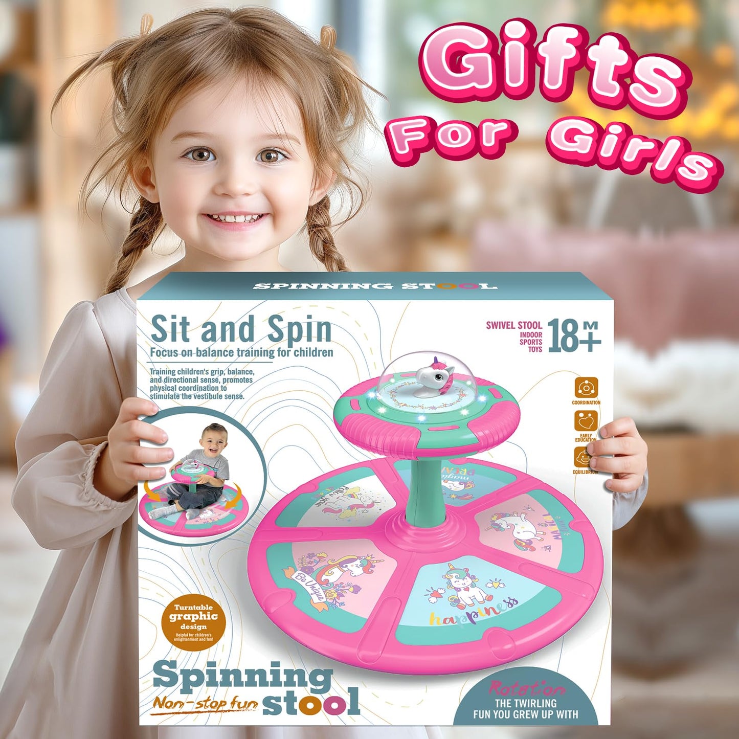 RMOKA Unicorn Sit and Spin Toy for Toddlers Girls Ages 1-3 2-4, Birthday Gift for 2 3 4 Years Old Girl, 360° Spin Seat Kids Indoor Interactive Sensory Toy with LED & Music