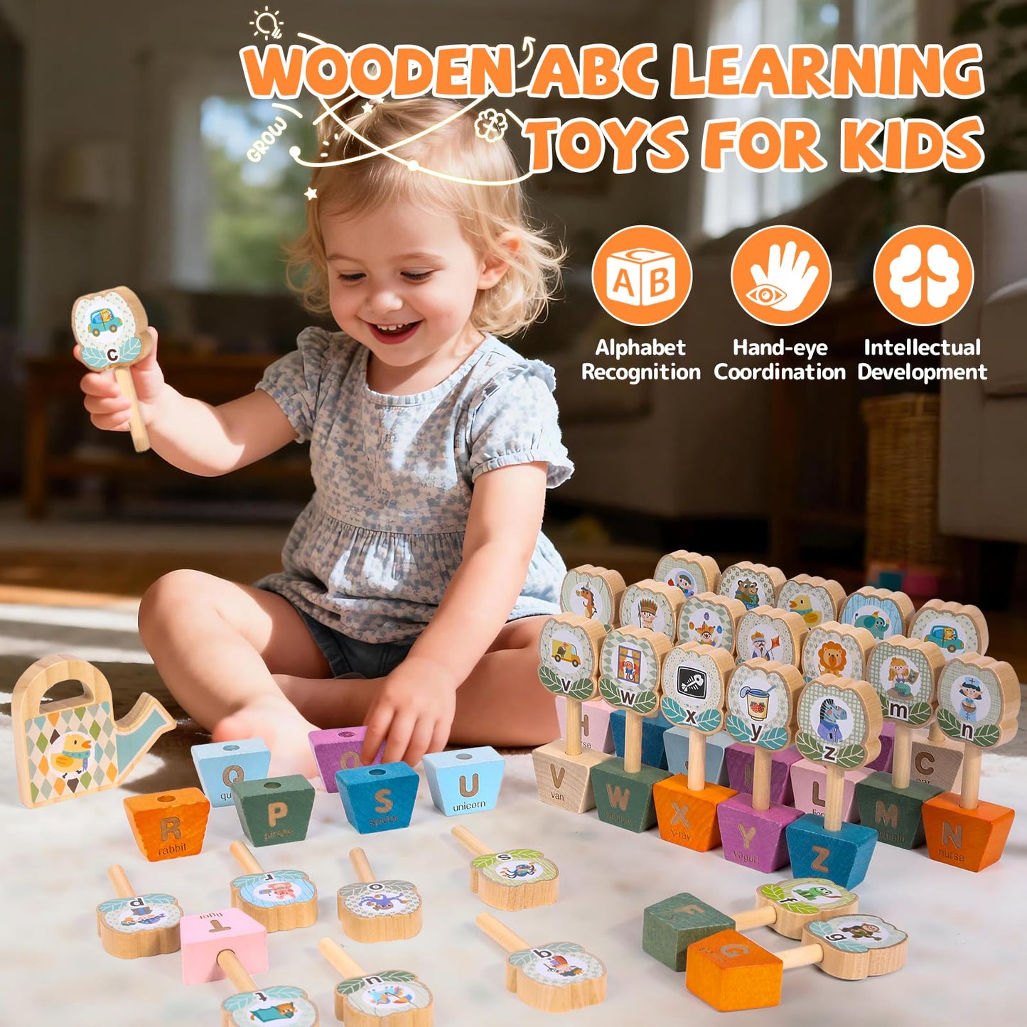 Montessori ABC Learning Toys for Kids, Wooden Matching Games for Toddlers 3-5 - Letter & Flower Matching Alphabet Puzzles with Storage Bag, Fine Motor Skills Toys Gift for Girls Boys 3+ Years Old