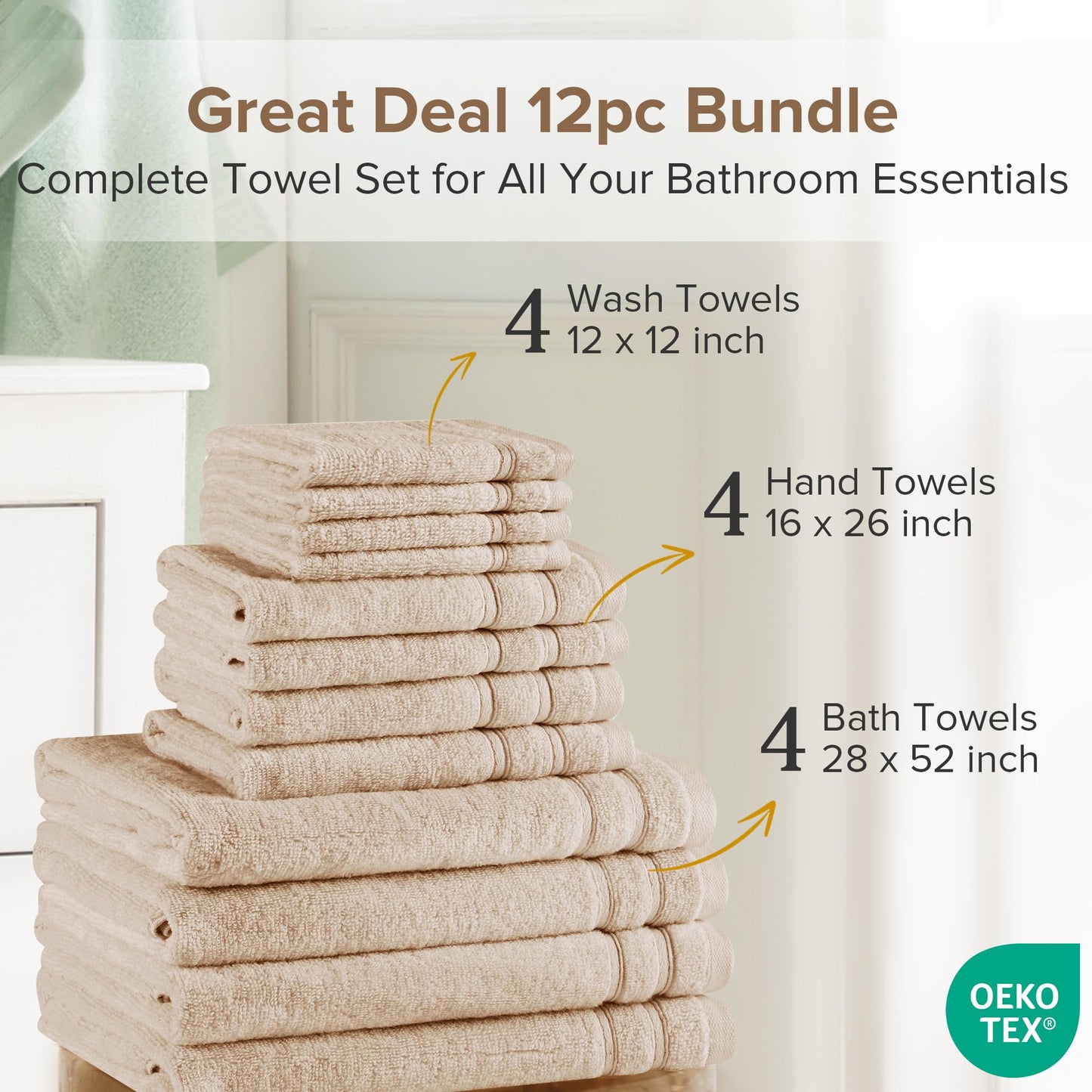 Comfort Spaces 12-Piece Luxury Bath Towel Set - 4 Large, 4 Hand, 4 Washcloth, 100% Cotton, Quick Dry, Zero Twist, Soft, Lightweight - Beige Tan