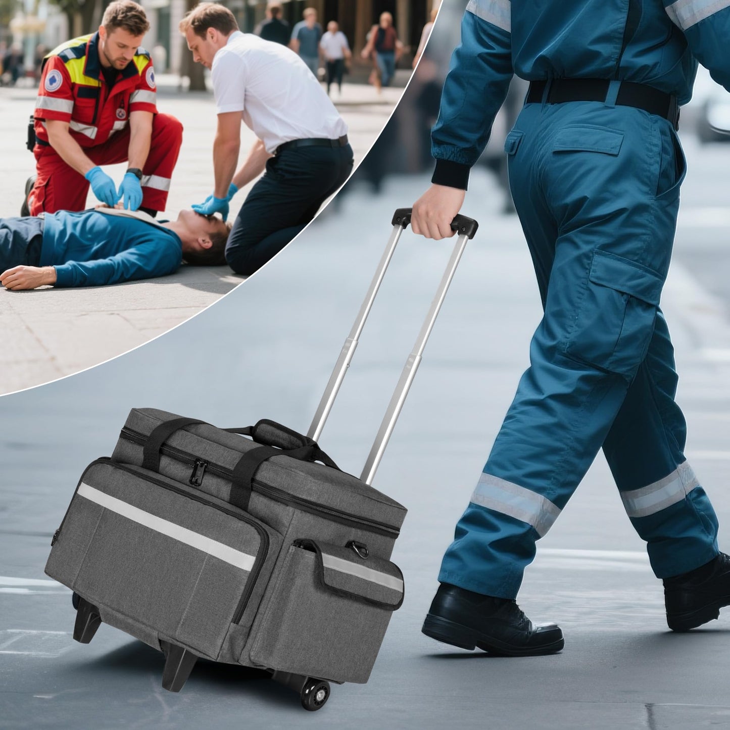 Trunab Medical Bag on Wheels with Detachable Trolley, Rolling Nurse Tote with Removable Dividers, First Responder Bag Empty with Adjustable Shoulder Strap for Nurse, Doctor, BAG ONLY