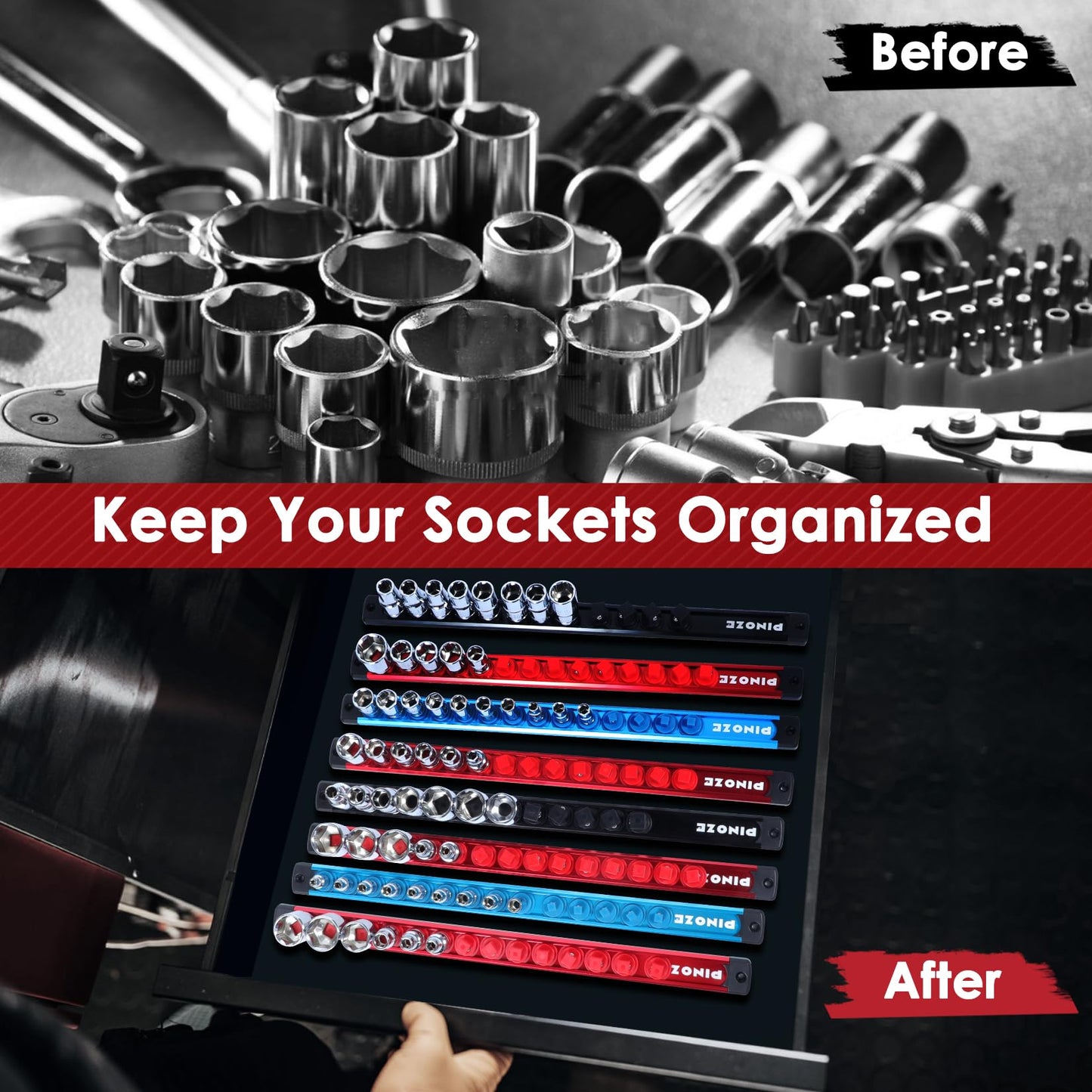 PINOZE 8PCS Magnetic Socket Holder Organizer Set - 1/4, 3/8, 1/2 - Aluminum Alloy Socket Rail Trays for Tool Box Drawer, Socket Rack Kit with 114Pcs Clips for Automotive Garage(Blue Red Black)