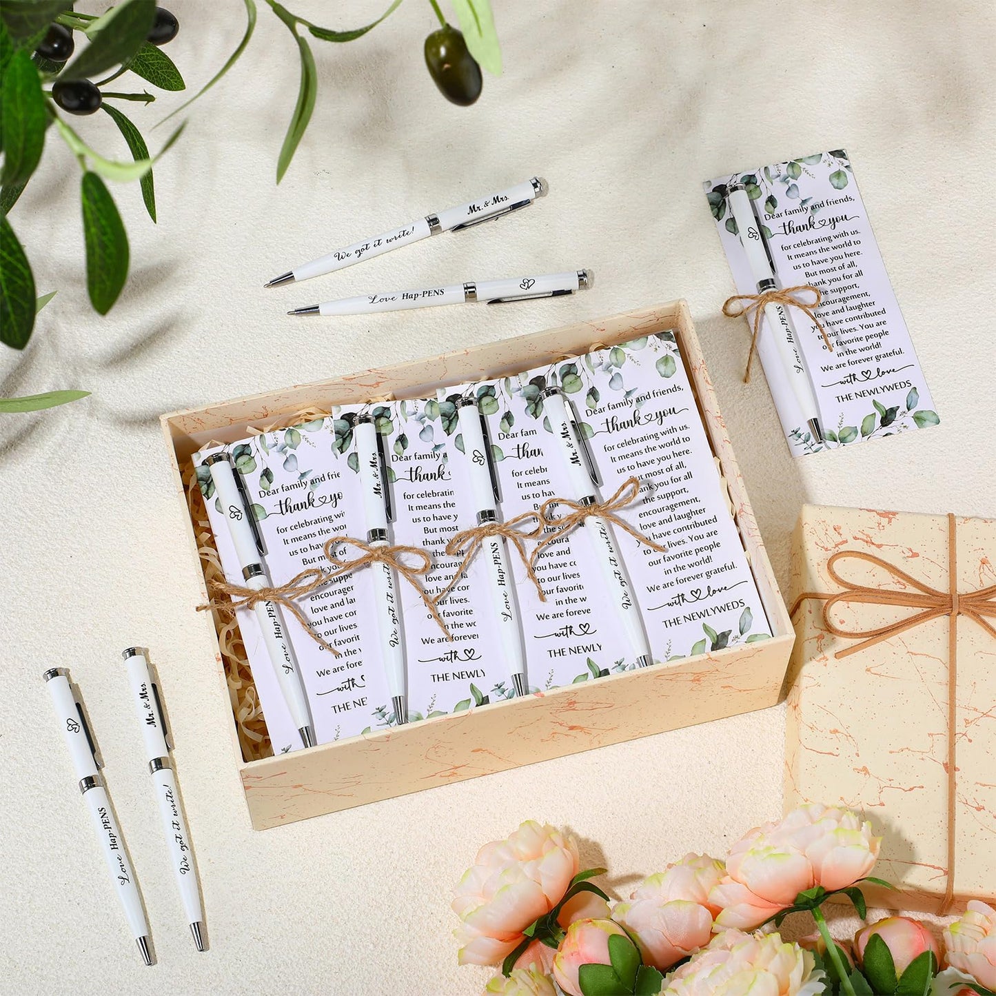 Affrolling 100 Sets Wedding Favors for Guests Bulk Retractable Ballpoint Pen Thank You Cards with Bridal Shower Gift for Guest Wedding Souvenirs Newlyweds Party Supplies (Leaf Style,Hemp Rope)