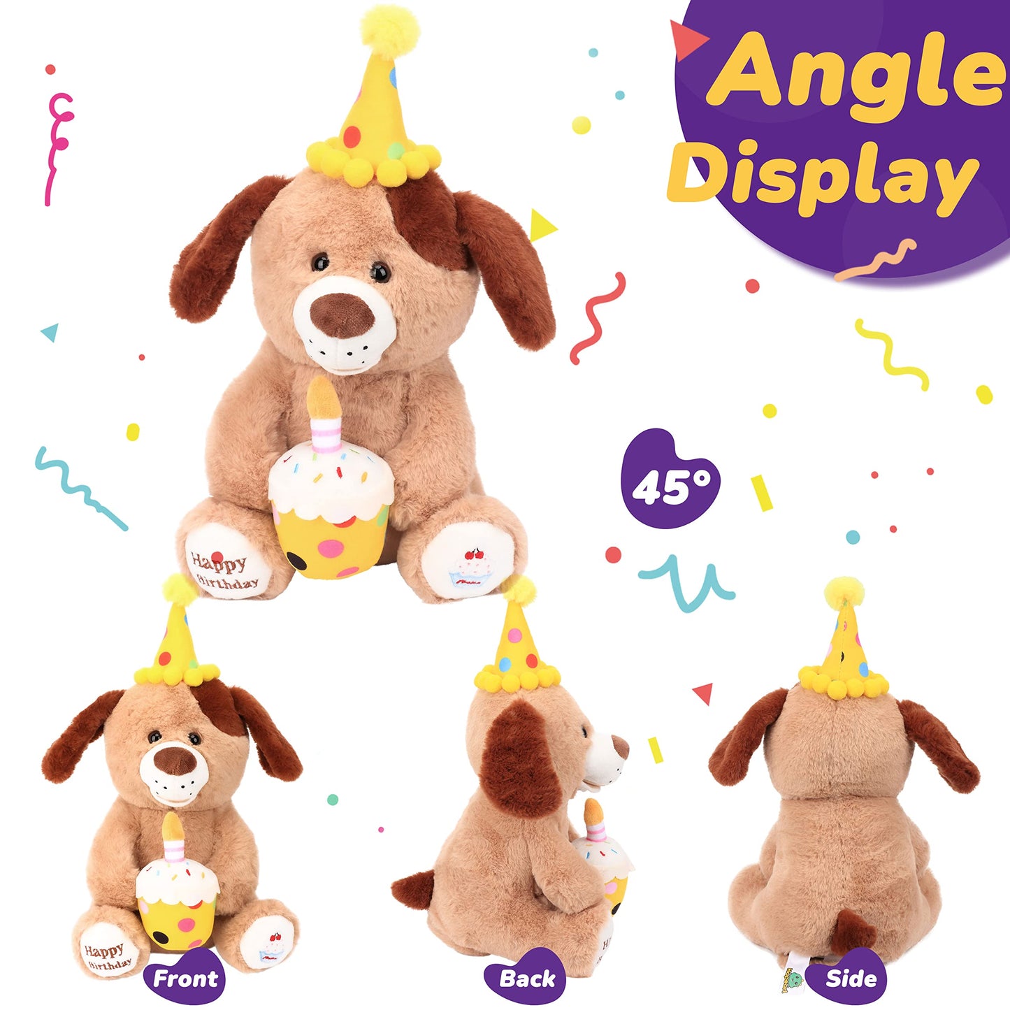 Hopearl Adorable Happy Birthday Dog with Glowing Cupcake Musical Stuffed Animal Puppy Singing and Shaking Plush Toy Interactive Animated Kids Gift, Brown, 15''