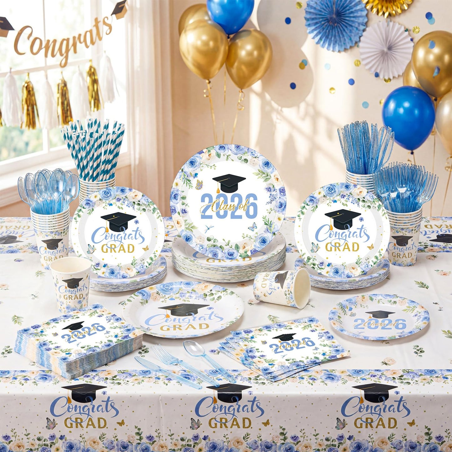 Funnymoom 452 Pcs Light Blue Floral Graduation Decoration for 50 Guests, Class of 2026 Blue Gold Graduation Paper Plates Napkins Cups Tablecloth Cutlery Straws for 2026 Congrats Grad Party Supplies