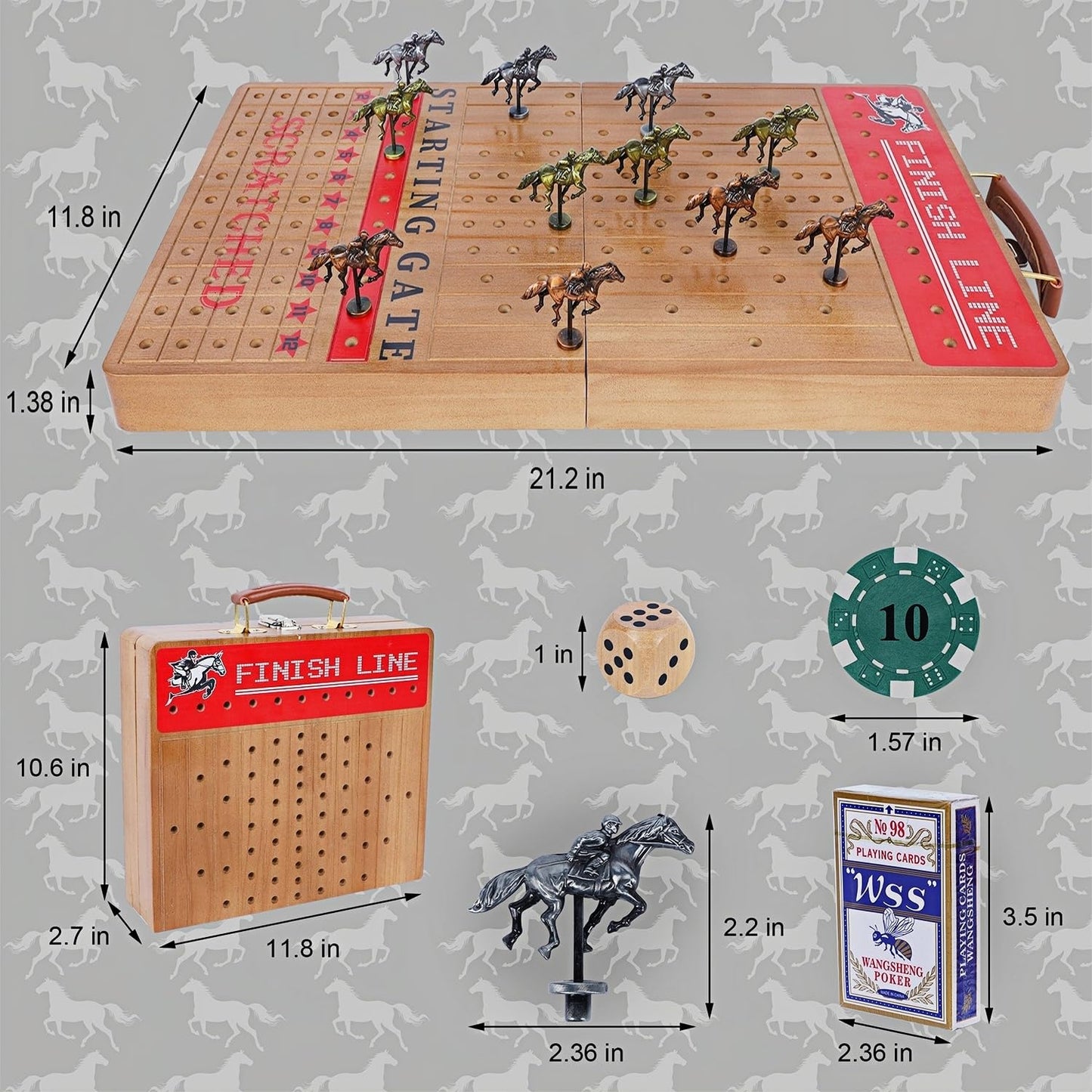 Glintoper Large 21" Horse Racing Game for Adults Family, Horse Race Board Games with 11 Luxury Metal Horses, Foldable Wood Board with 2 Dices 2 Boxes of Cards 40 Poker Chips Finish Line for Parties