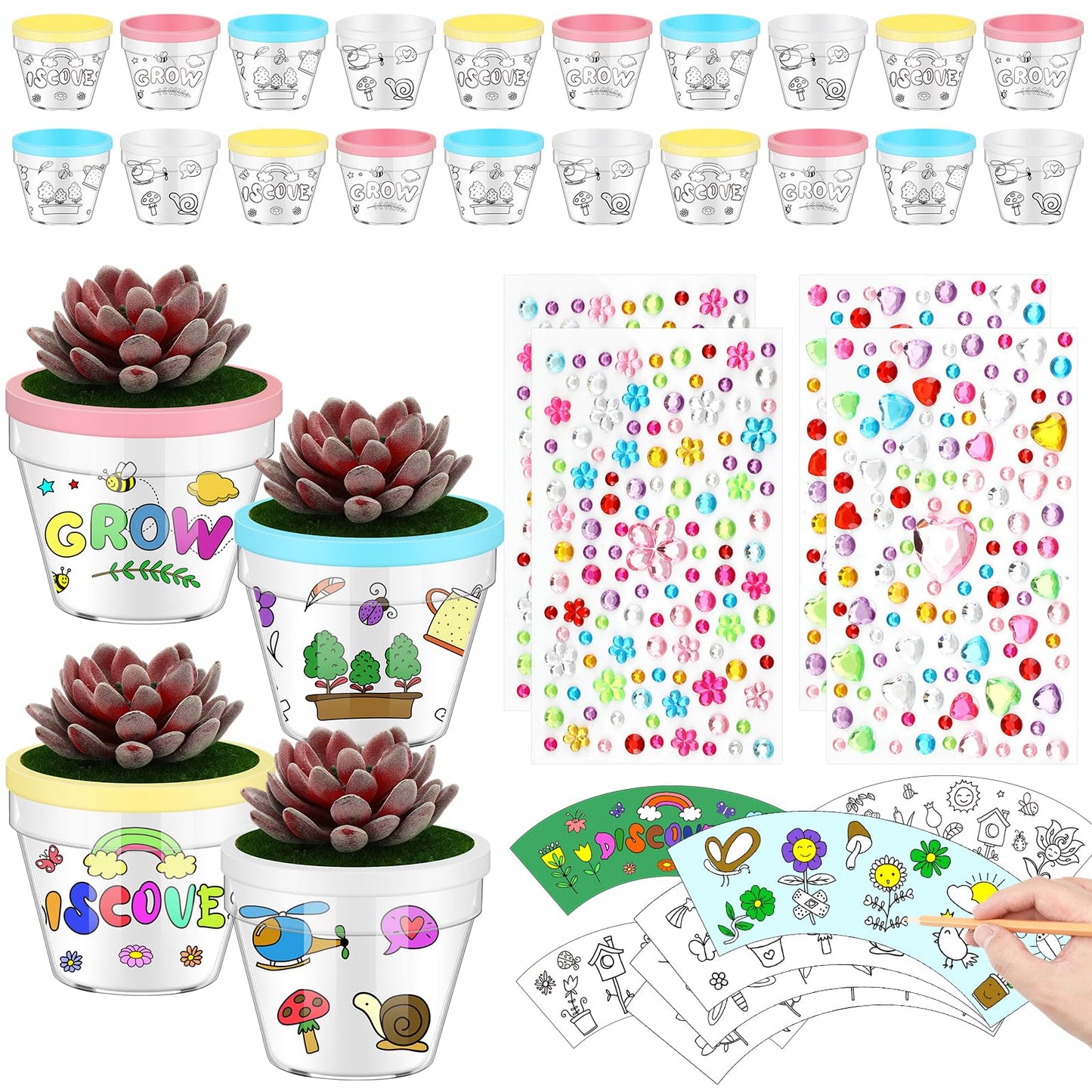 SiliFine 24 Pcs Spring DIY Flower Pots Crafts for Kids with 24 Drawing Inserts and 4 Sheets Rhinestones Stickers Color Your Own Flower Plant Pot for Kids DIY Art Projects Fun School Home Activities