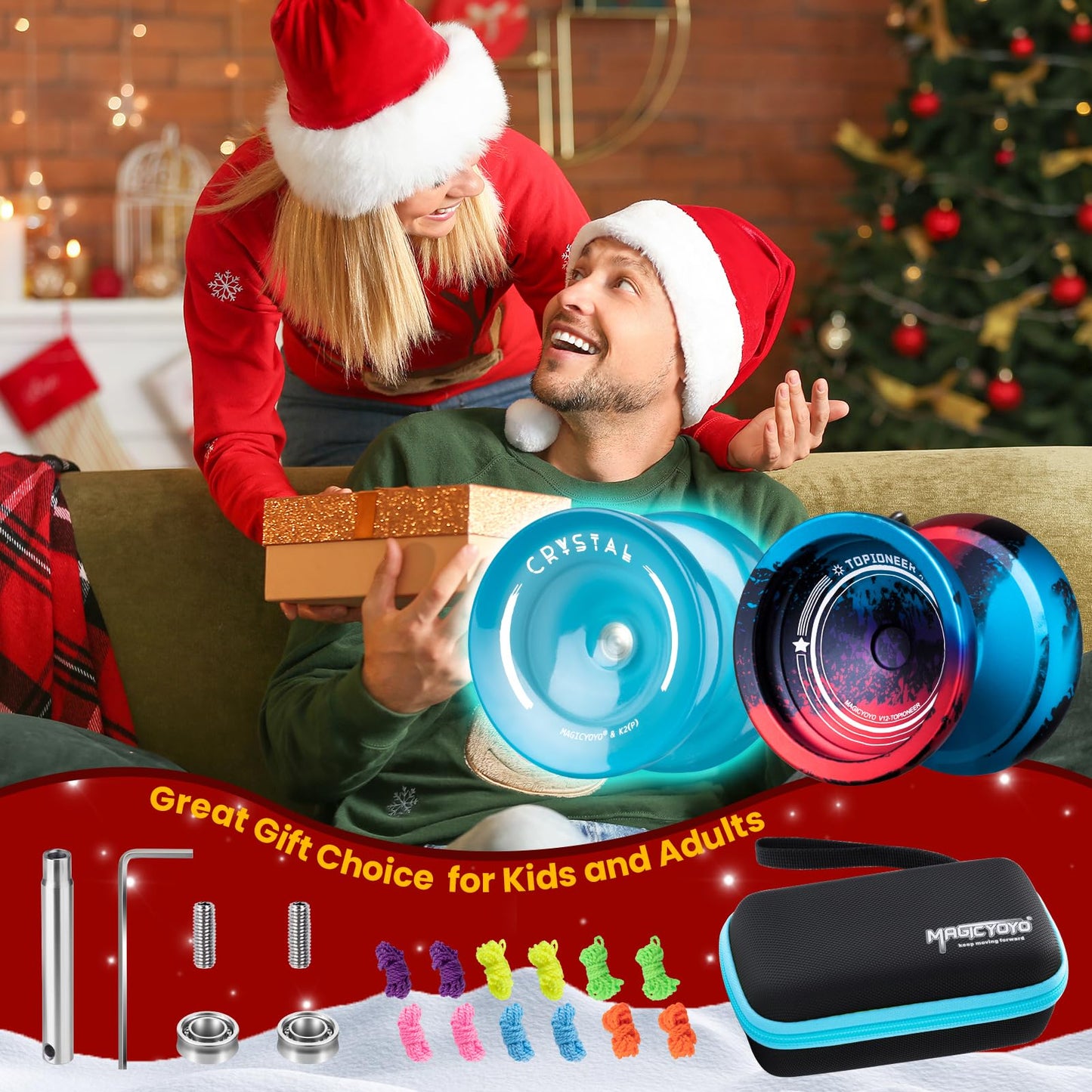 MAGICYOYO Finger Spin Yoyo Pack of Metal Yoyo V12 + Plastic Yoyo K2, Responsive yoyo for Kids 8-12, Professional Yoyo for Adults, Dual Function yoyos with Concave Bearing Kit, 12 Yoyo Strings