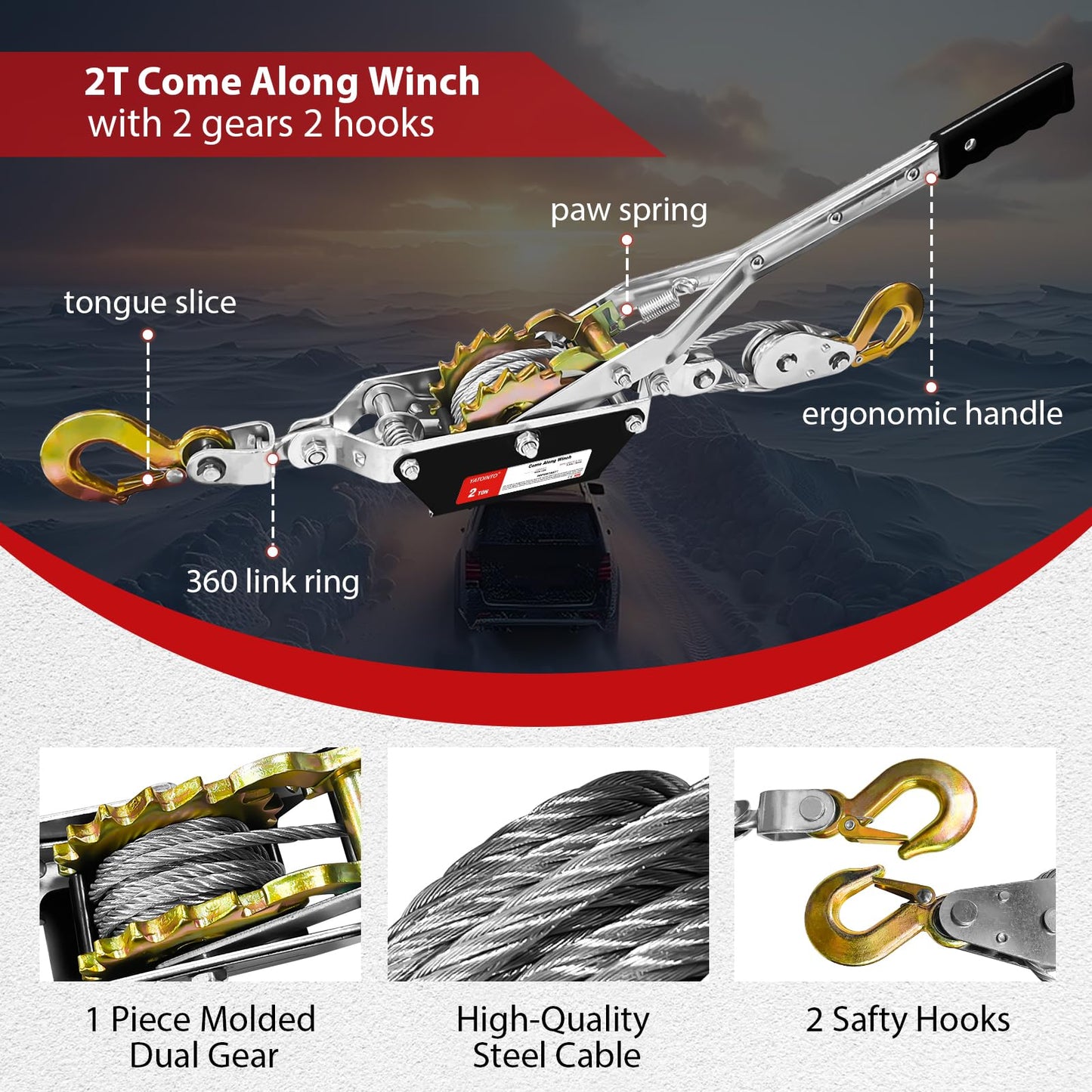 YATOINTO Come Along Winch 2 T Pulling Capacity 7 FT Steel Cable 2 Hooks Heavy Duty Ratchet Power Puller Tool with Dual Gears Automotive Hoist Cable Puller Ideal for Vehicle Rescue.