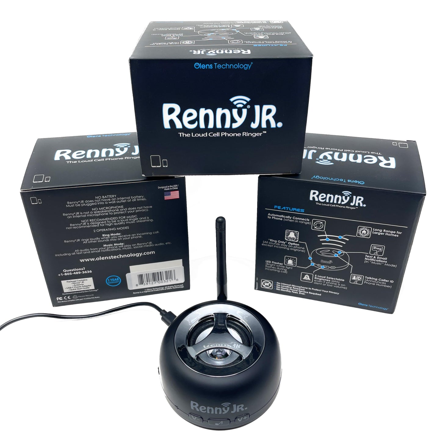 Renny - The Loud Cell Phone Ringer, Amplifier & Flasher for The Hearing Impaired (117dB) | Auto-Connects Wirelessly via Bluetooth | External Ringtones | Text/Email Notifications | Talking Caller ID