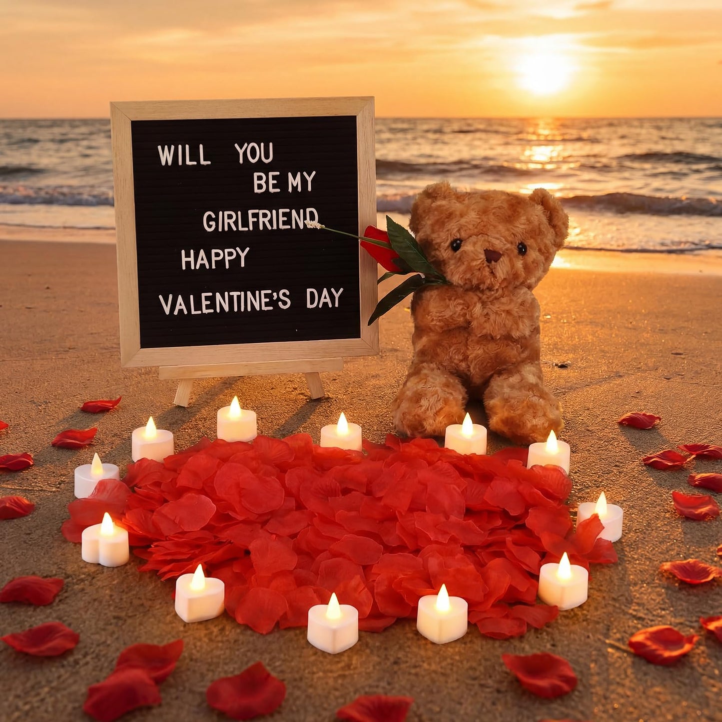 Ceenna Will You Be My Girlfriend Romantic Sign with LED Candles and Artificial Rose Petals, Bear Stuffed Animal Gift with Rose DIY Felt Letter Board Sign for Surprise(Red)