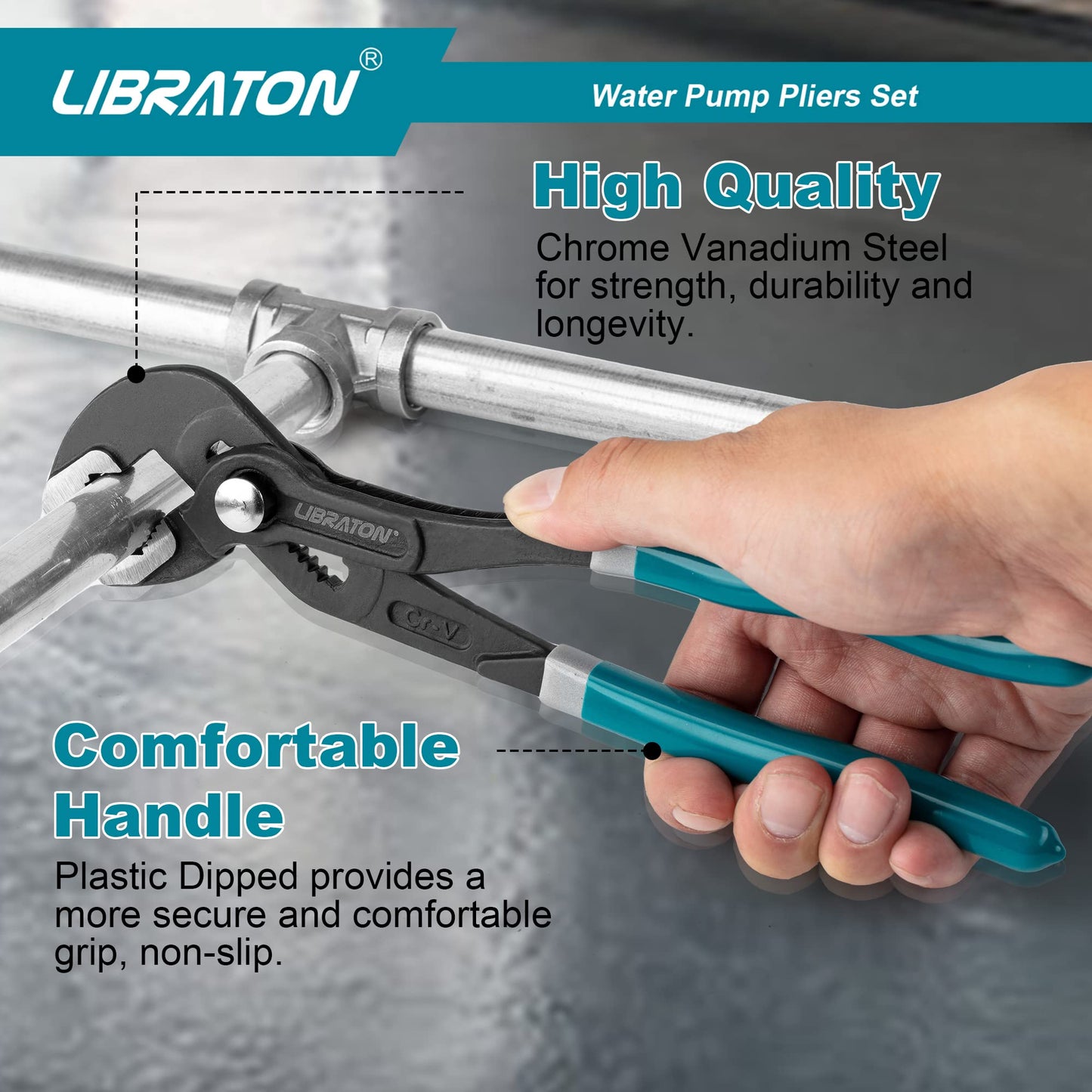 Libraton Water Pump Pliers, Groove Joint Pliers Set, V-Jaw Tongue and Groove Pliers in CR-V Steel, 7 10 12Inch Plumbing Pliers, Adjustable Pliers, Ratcheting Push Button Adjustment Mechanism