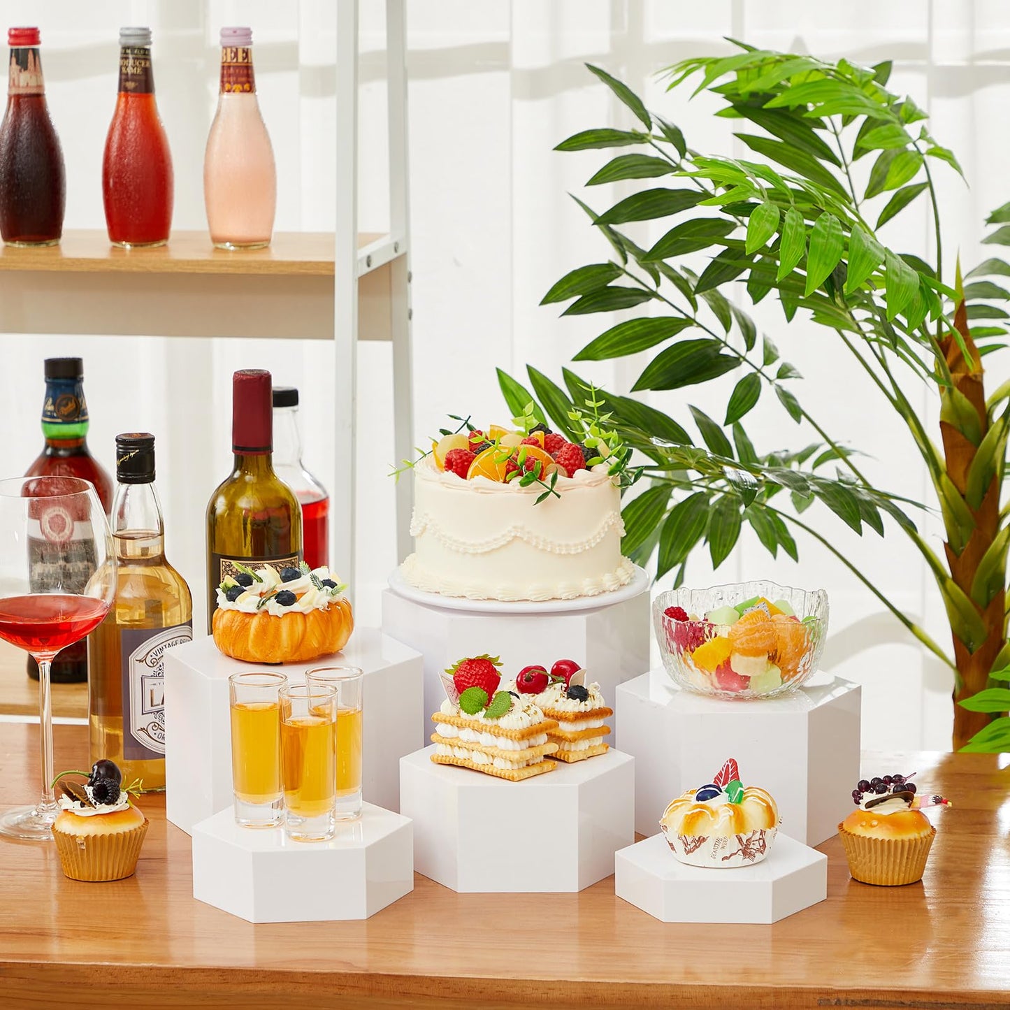 Leinuosen 6 Pcs Buffet Risers, Hexagonal Food Risers for Buffet Table Acrylic Cube Display Stand Shelf Nesting Boxes with Hollow Bottom for Party Catering Dessert Jewelry Collectibles(White)