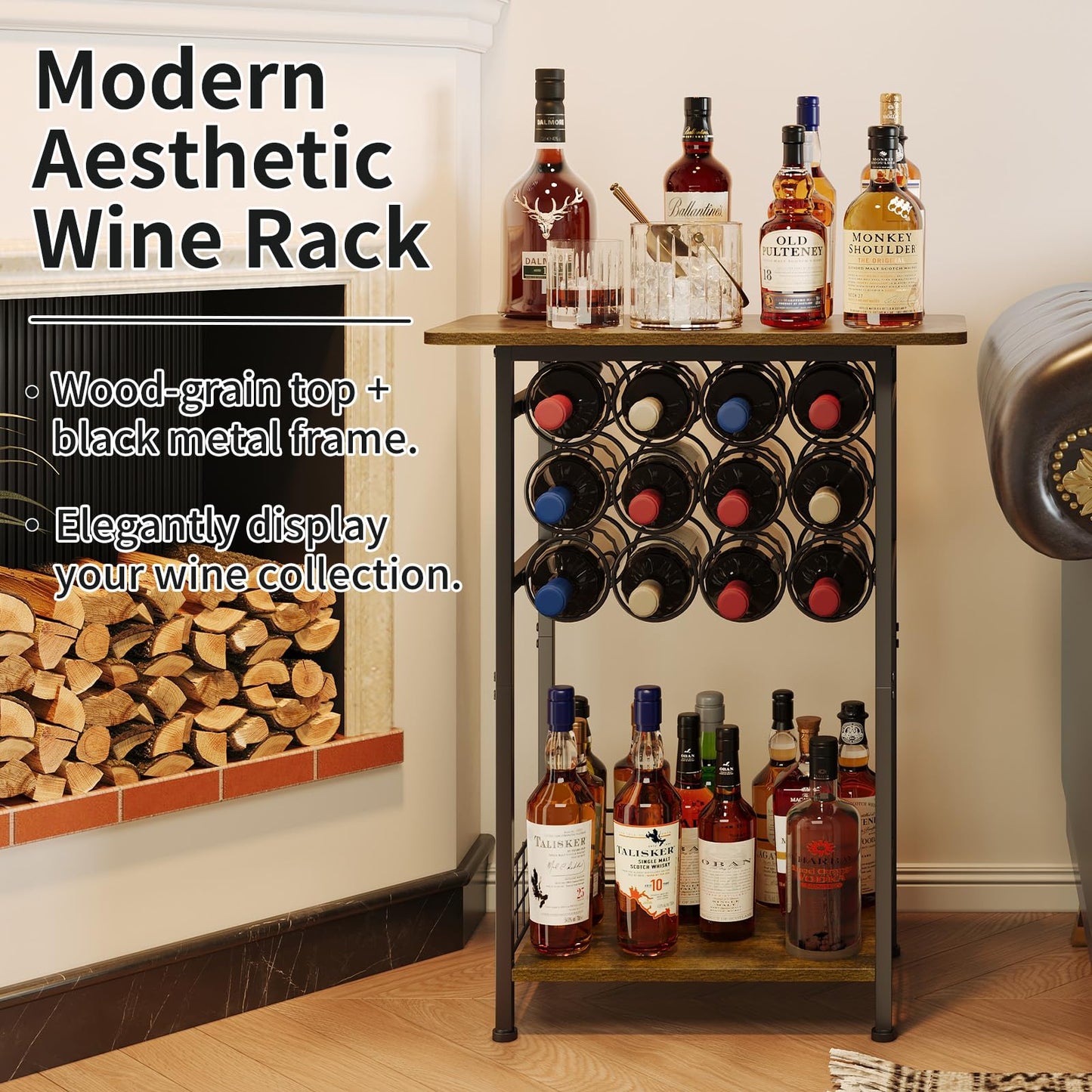 3-Tier Wine Rack Freestanding Floor Cabinet Corner Bar Cabinet Bar Cart,12 Individual Wine Storage Bottle Compartments Corner Bar Cabinet Holder,Wood + Black Frame Liquor Cabinet,Small Shelf For Homes
