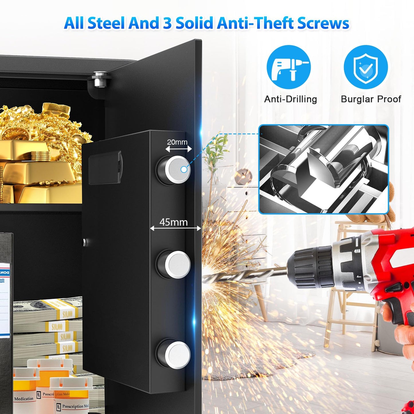 3.3 Cuft Safe Box, Home Safe with Fireproof Waterproof Bag, Anti-Theft Digital Security Lock Box with Smart Alert System, Removable Shelf, Mute Function, Personal Document Safes for Money Jewelry