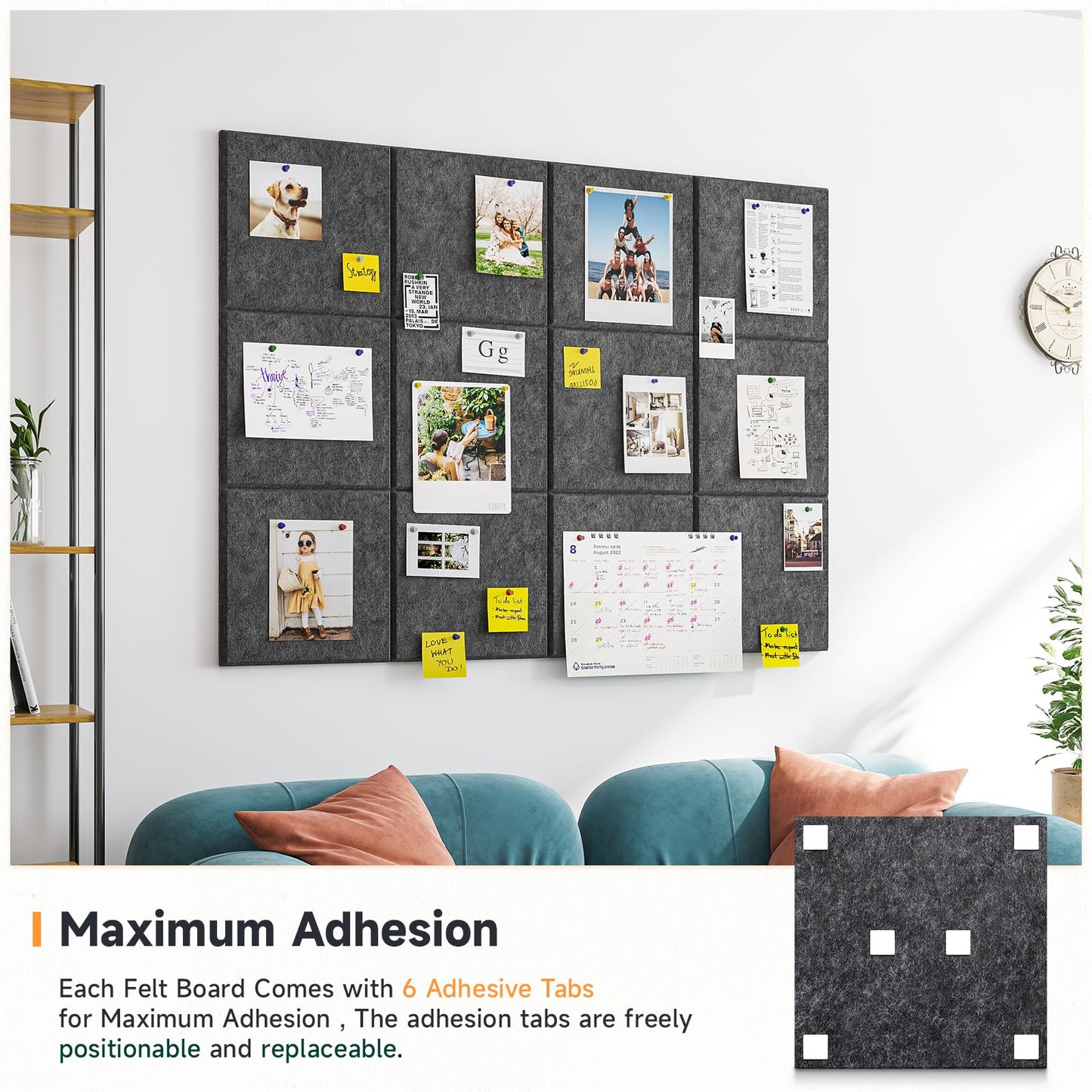Uoisaiko Felt Cork Board for Wall: Extra Large Bulletin Board for Office - 12 PCS Thick Corkboard Tiles Grey Pin Board Squares Adhesive