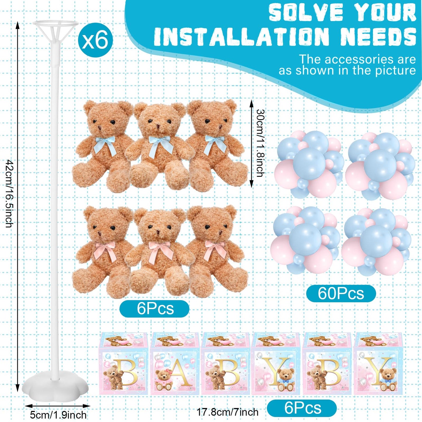 Lenwen - Set of 6 Blue Pink Bear Baby Shower Decorations for Gender Reveal Letter Boxes Baby Shower Table Centerpieces Stuffed Animal Balloons with Stand, Boxes