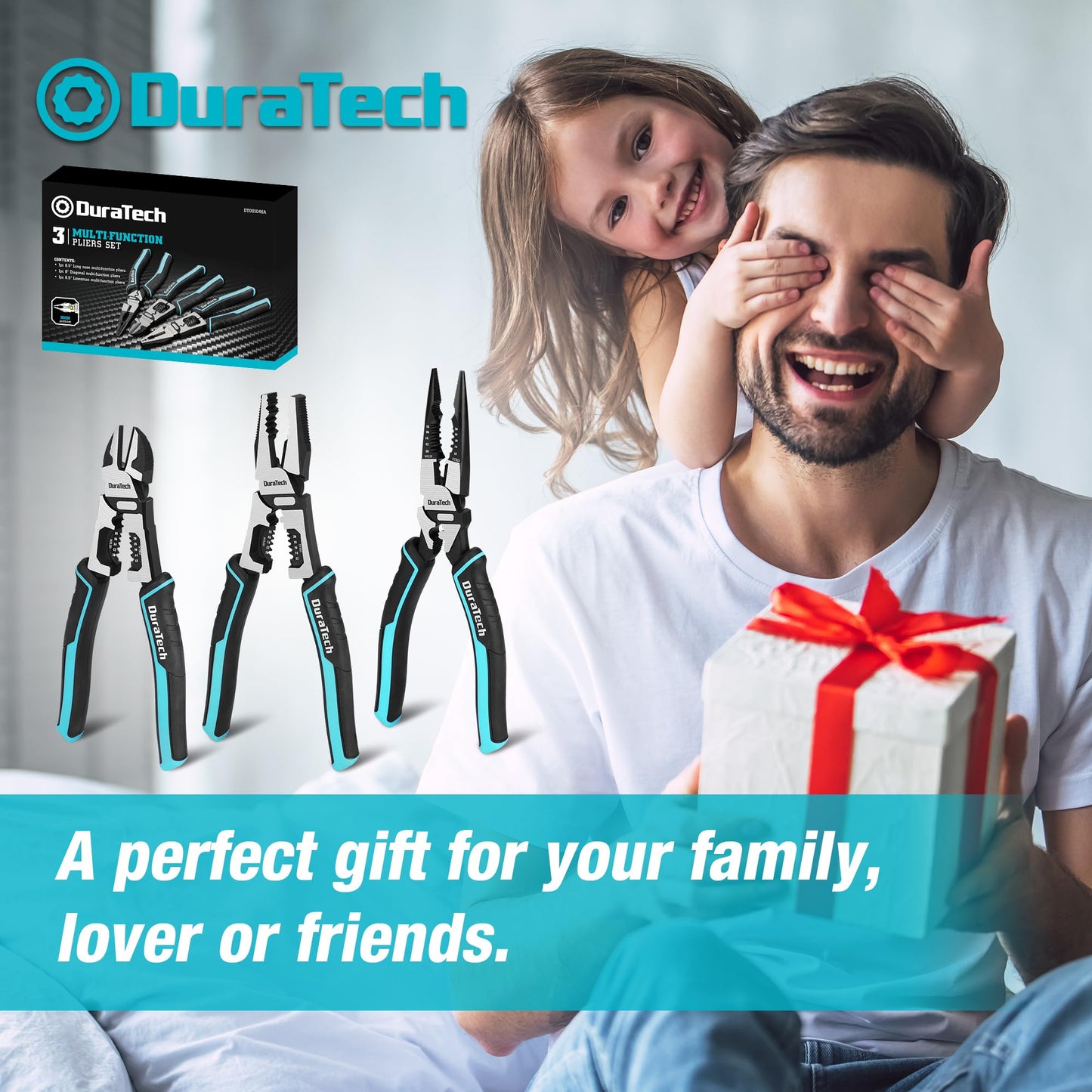 DURATECH 3PCS Pliers Set, Large 6 in 1 Multifunctional Wire Stripper Crimper Cutter, 8.5" Long Nose Pliers, 8.5" Linesman Pliers, 8" Diagonal Side Cutting