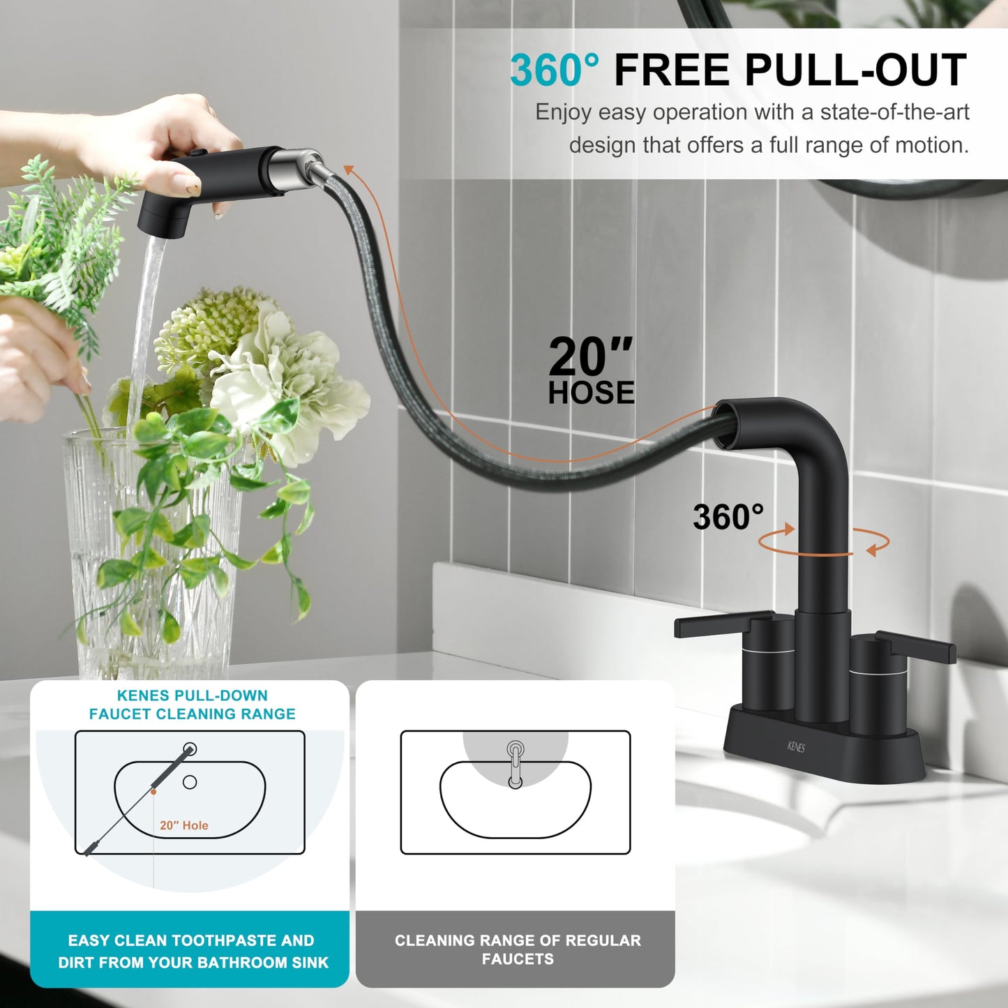 KENES Matte Black Centerset Bathroom Faucet with Pull Down Sprayer, 4 Inch 2 Handle Pull Out Bathroom Faucet 3 Hole, Bathroom Sink Faucet with Pop Up Drain & Supply Lines LJ-9059A-2