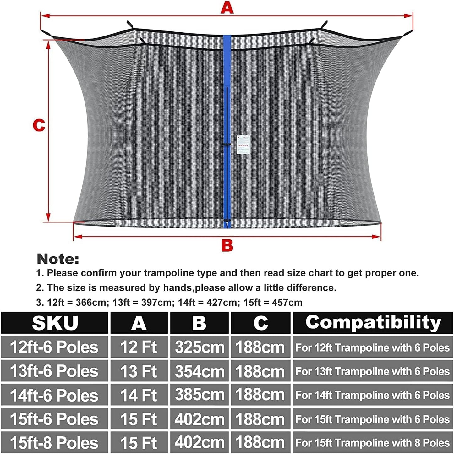 Cliselda Trampoline Net Replacement 14 ft 6 Poles, Safety Enclosure Net for 14 Foot Round Frame Trampolines, Breathable and Weather-Resistant, Adjustable Straps(Net Only,Poles not Includ)