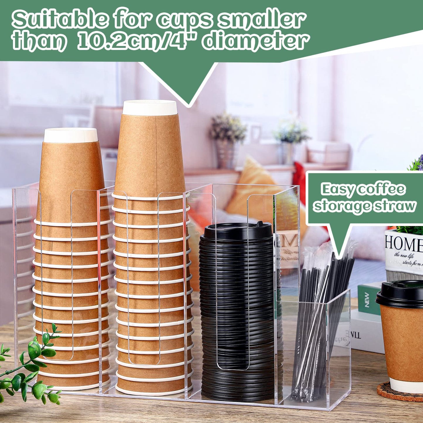 4 Compartments Acrylic Coffee Cup and Lid Storage Organizer Holder Disposable Paper Cup Dispenser Organizer Plastic Lid Holder Accessories for Kitchen Bar Shop Party Supplies(Transparent)