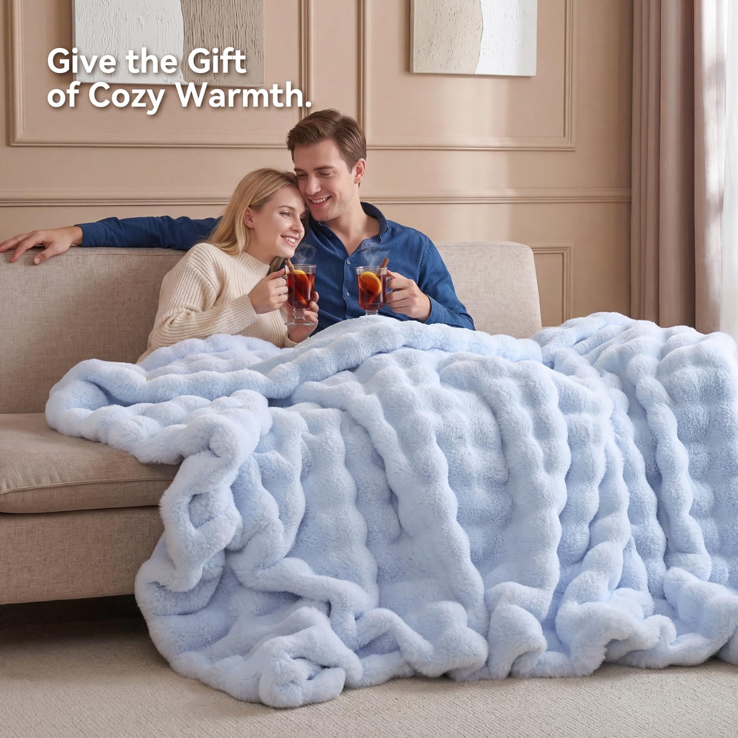 Smoofy Faux Fur Throw Blanket for Couch - Light Blue Super Soft Cozy Bubble Blanket, Fluffy Plush Fuzzy Throw for Sofa & Bed, Thick Lightweight Warm Blanket, Luxury Aesthetic Gift for Women 50"x60"