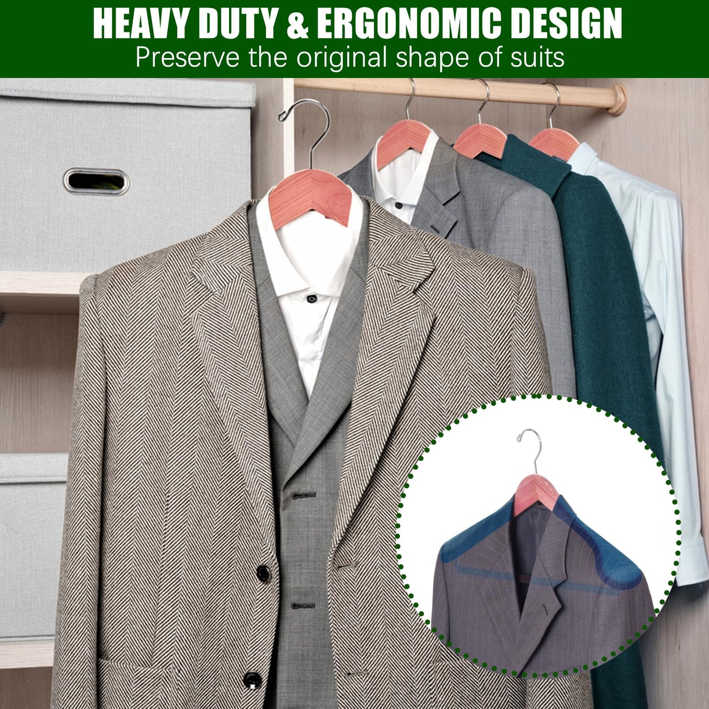 Amber Home 10 Pack American Red Cedar Wood Coat, Suit Hangers with Extra Wide Shoulder, Wooden Jacket Clothes Hanger Smooth Deluxe Aromatic Natural Cedar with Non Slip Velvet Pant Bar
