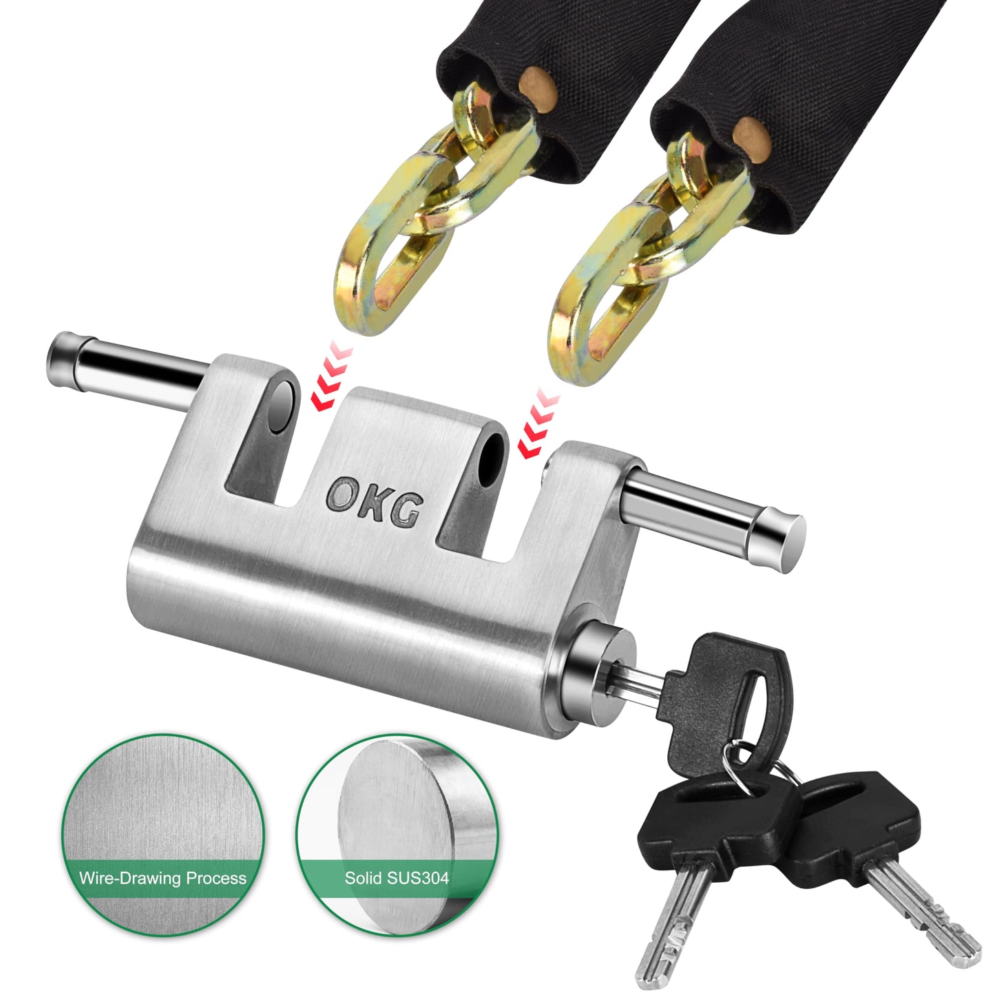 OKG Ultra Secure Stainless Steel Lock - 3 Keys, 2 Rods, Heavy Duty Solid Cast Padlock - 7/16" Shackle, Push Cylinder, Rust Proof Outdoor Lock - Combo Security Chain for 2-Wheeled Vehicle (No Chain)