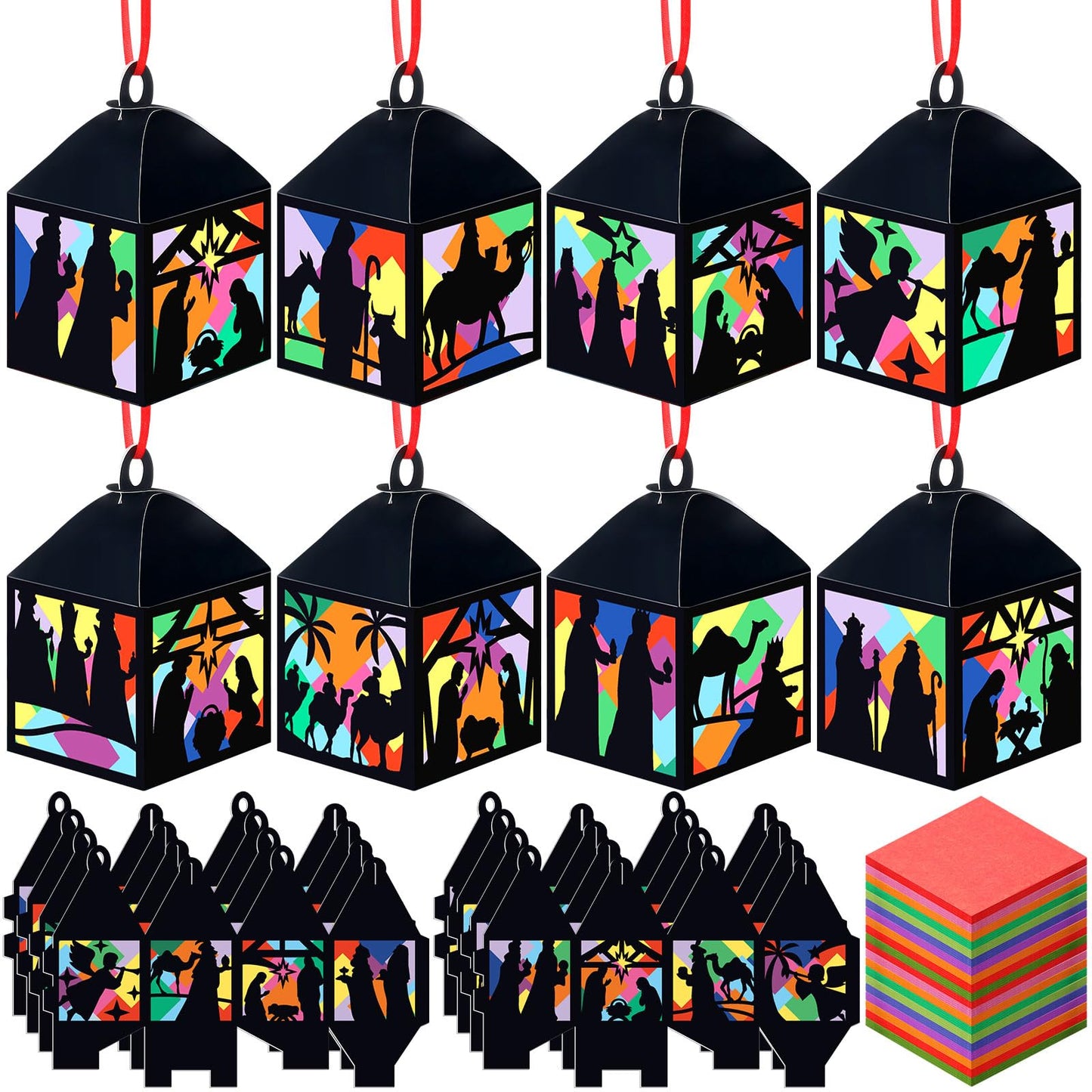 Gersoniel 24 Set Christmas Nativity Suncatchers Tissue Paper Craft Kits Religious Lantern Craft Bulk Dly Nativity Silhouette Hanging Ornament for Christmas Home Activity Sunday School Crafts
