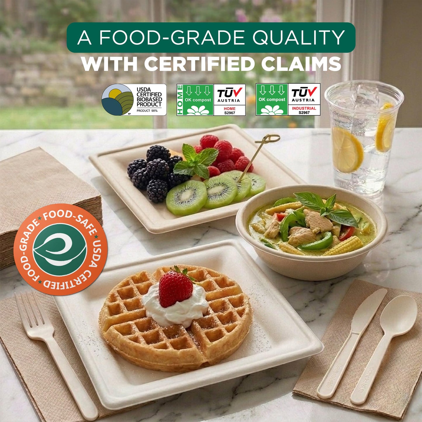 EcoSoul Disposable Paper Plates Pack of 400 (for 50 guest) Compostable Dinnerware set, Bowls, Heavy-duty Utensil, Biodegradable Napkins, Eco-friendly Sugarcane Set for Party Camping
