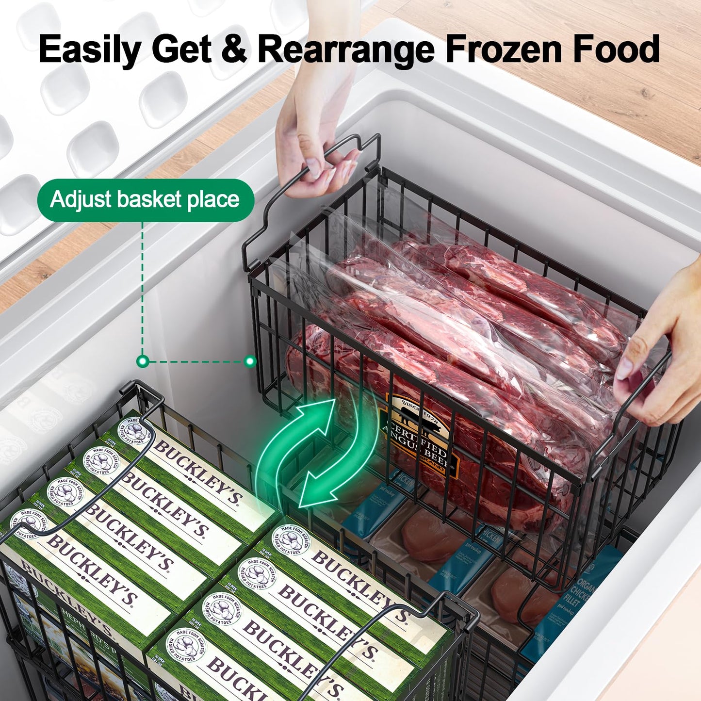 MSERCUOR Freezer Organizer Bins, 6 Pack Stackable Deep Chest Freezer Organizer Bins, Foldable Baskets with Handles, Black Storage Container Baskets for 5/ 7 Cu.FT Deep Freezer Sort Frozen Meats