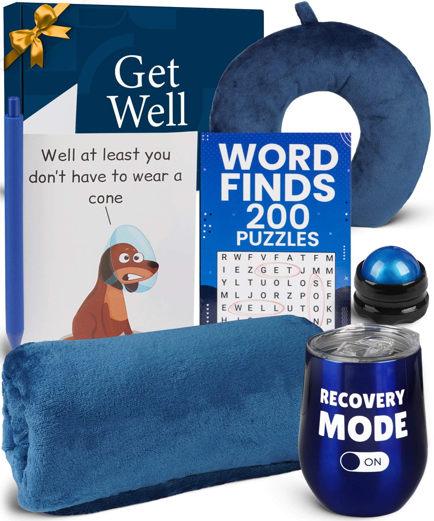 Amabeen Gifts Get Well Soon Gift Basket for Men – Recovery & After Surgery Care Package - Neck Pillow, Plush Blanket, Insulated Tumbler, Massage Roller, Puzzle Book, Funny Card, Pen