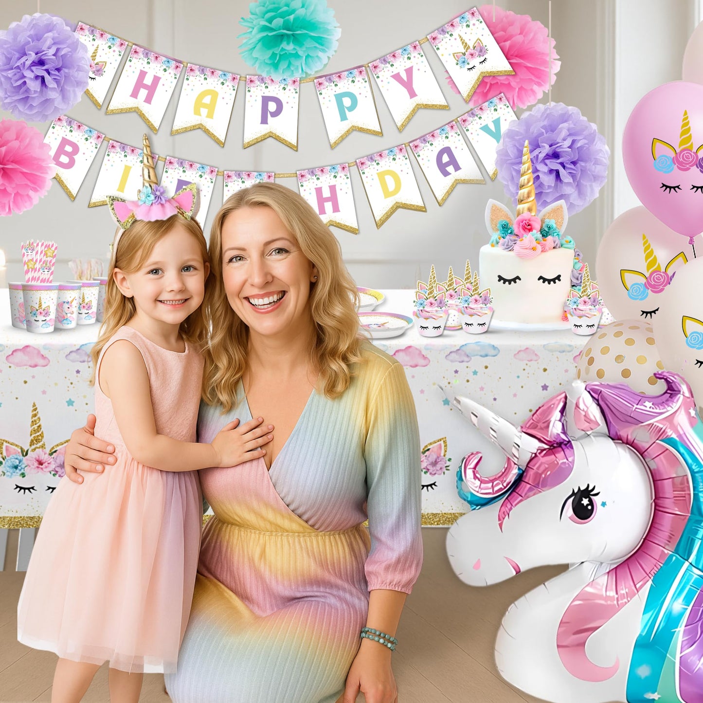 152 Pc Premium Unicorn Birthday Decorations Set for Girls – Complete Unicorn Party Decorations Supplies Kit with Plates, Cups, Napkins, Balloons, Banner, Headband – Magical Rainbow Party for Kids