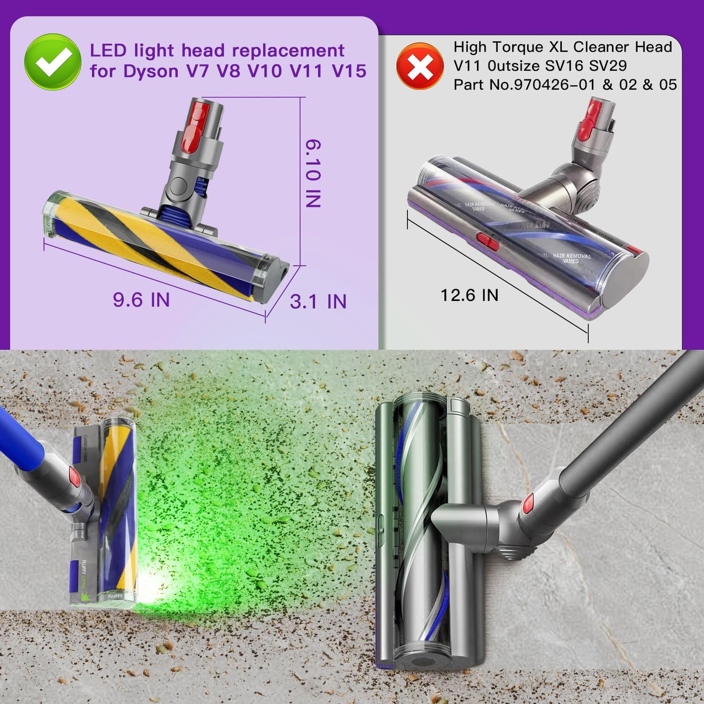 Lemige LED Fluffy Soft Cleaner Head Replacement for Dyson Vacuum V7 V8 V11 Animal V15 Detect V10 Cyclone, Upgrade LED Green Light Anti-Tangle Quick Release Vacuum Attachments Replacement Parts