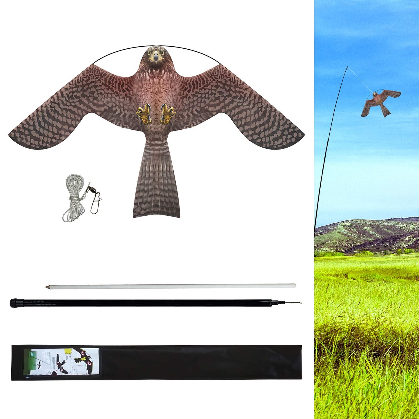 eyijklzo Bird Scarer Flying Kite Crops Farm Flying Bird Hawk Flying Kite with 4m Telescopic Pole