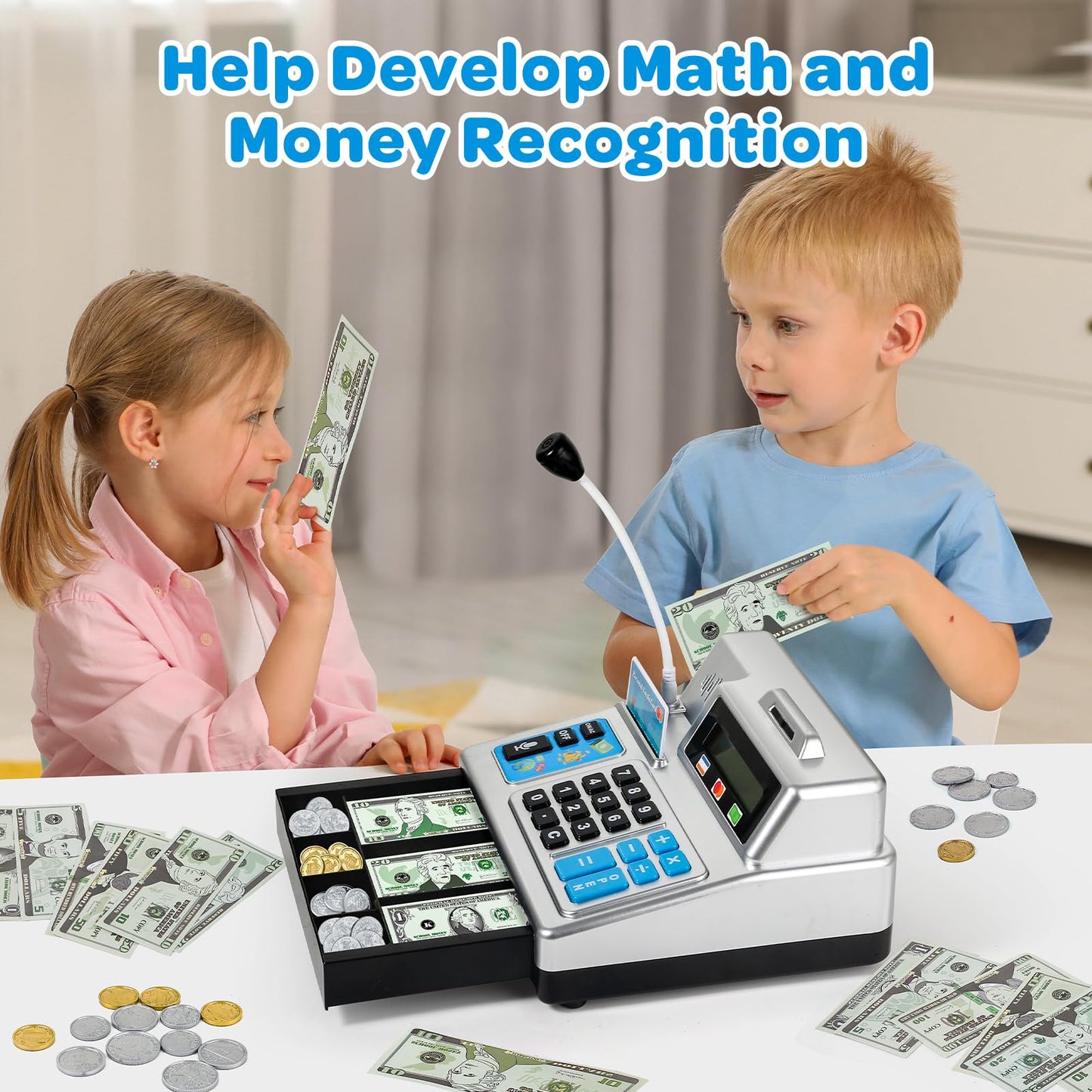 Calculator Cash Register Toy Gift for Kids Age 3, 4, 5, 6, 7, 8+ Year Old, 103 Pcs Pretend Grocery Store Playset with Toy Cash, Microphone, Credit Card, Play Cash Register for Toddlers 4-8, Silvery