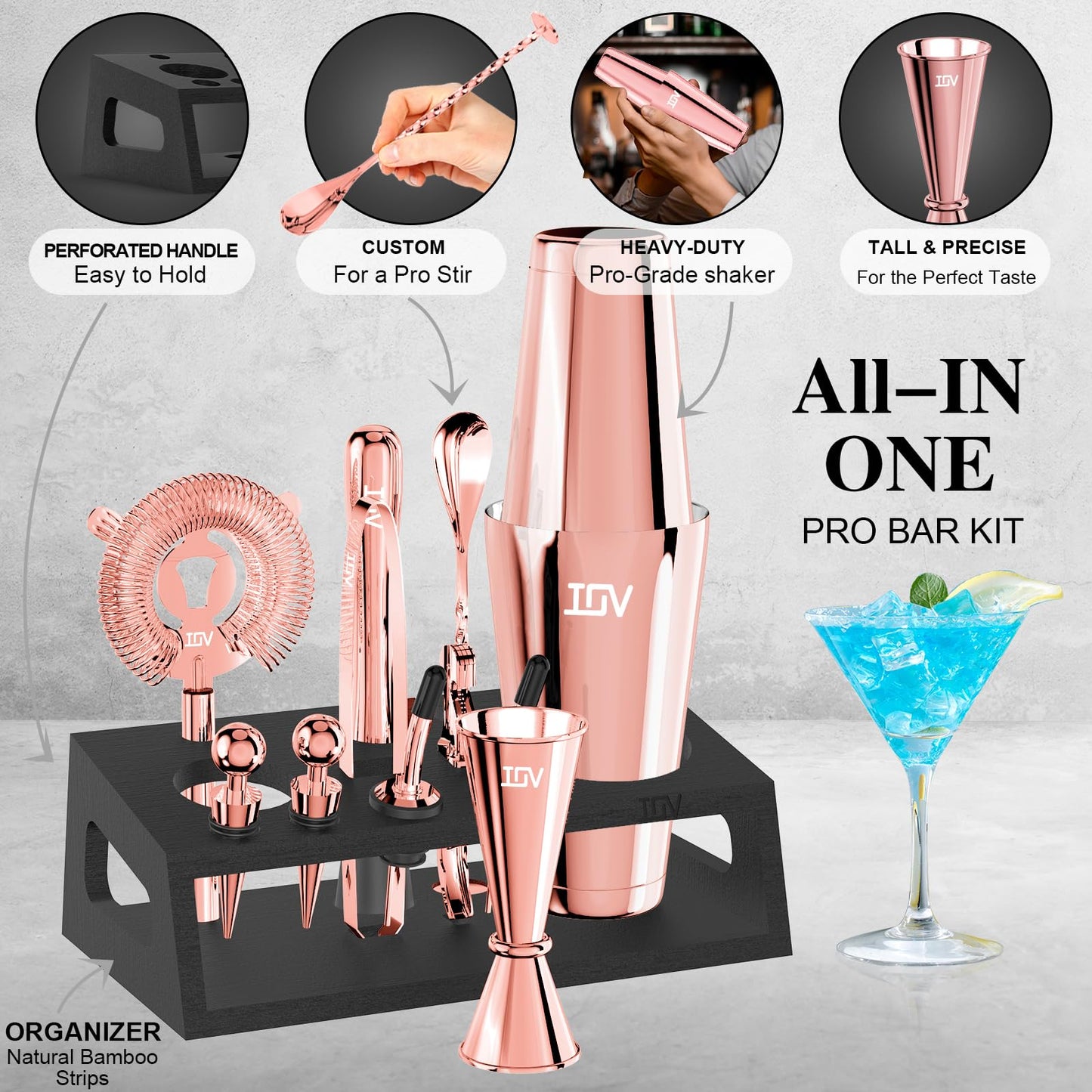 IOV Cocktail Shaker Set: 12-Piece Mixology Bartender Kit Bar Set | 18oz & 28oz Boston Shaker Drink Mixing Tools for Home with Recipe Booklet and Stand | Fun Housewarming Gift (Rose Gold)