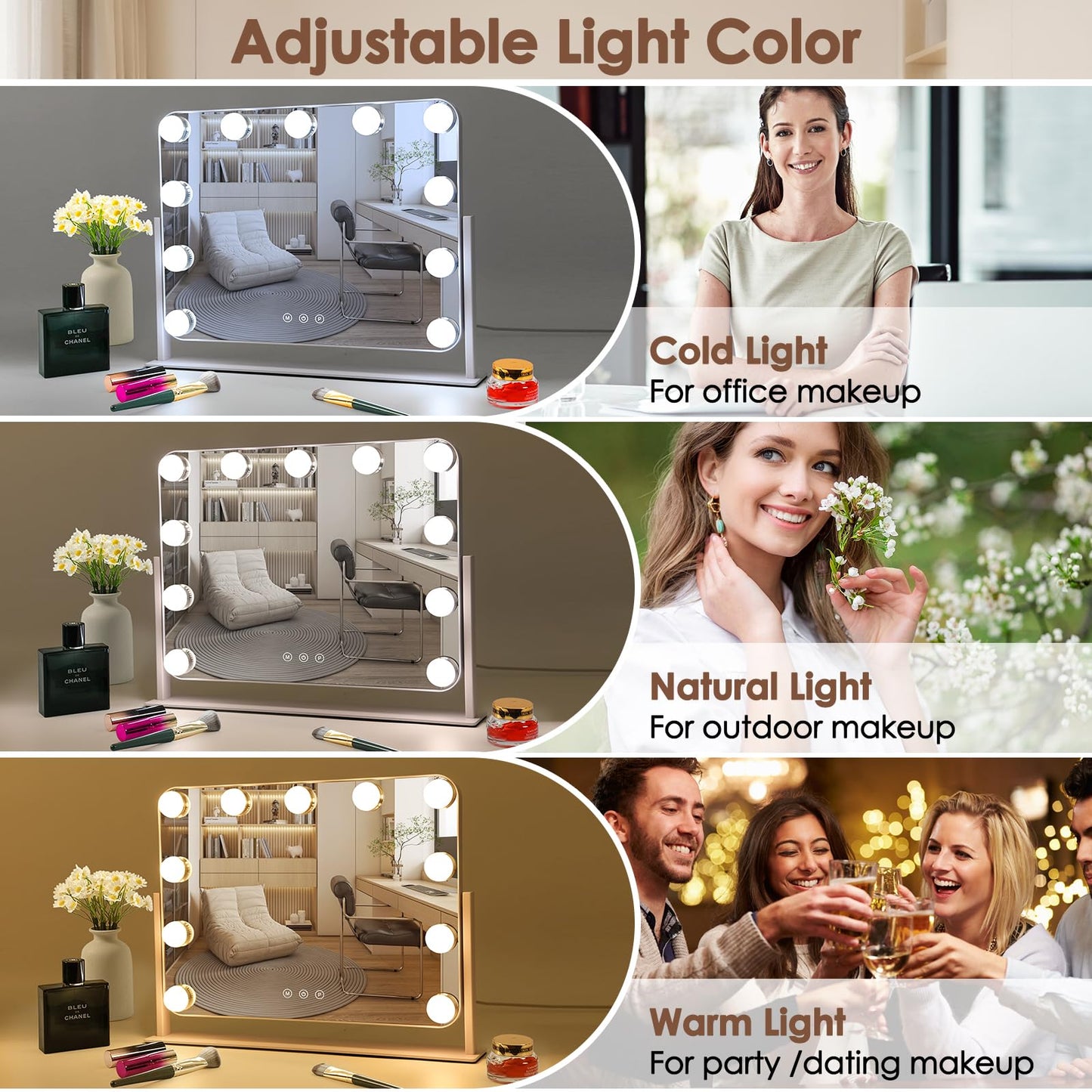 DenCert 360° Vanity Mirror with Lights 11 Led Bulbs Hollywood Lighted Makeup Mirror with 5X Magnification Mirror Hollywood Cosmetic Mirror Tabletop Makeup Mirror with 3 Lighting Modes 16x13 Inch