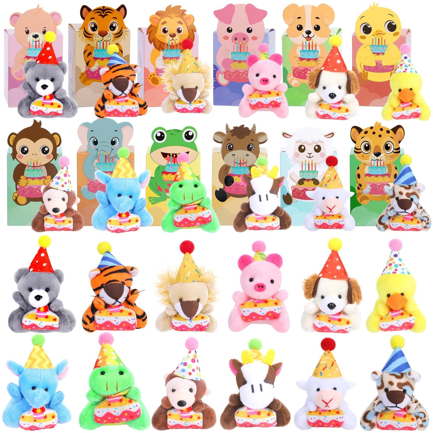 MOVING EARS 24 Pack Birthday Gifts Small Stuffed Animals Assorted Card Boxes Mini Animal Toys Keychains Bulk for Classroom Exchange Party Favor School Teacher Student