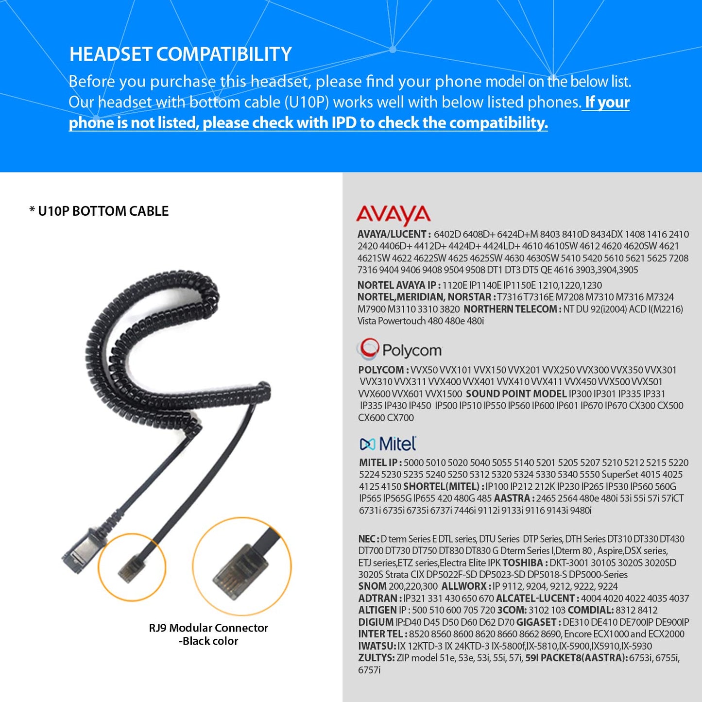 IPD IPH-160 Phone Headset with Noise Cancelling Microphone for Office and Call Center- Comapatible with Polycom VVX, Aastra,Avaya Digital, Nortel,Samsung,Mitel landline Phones.