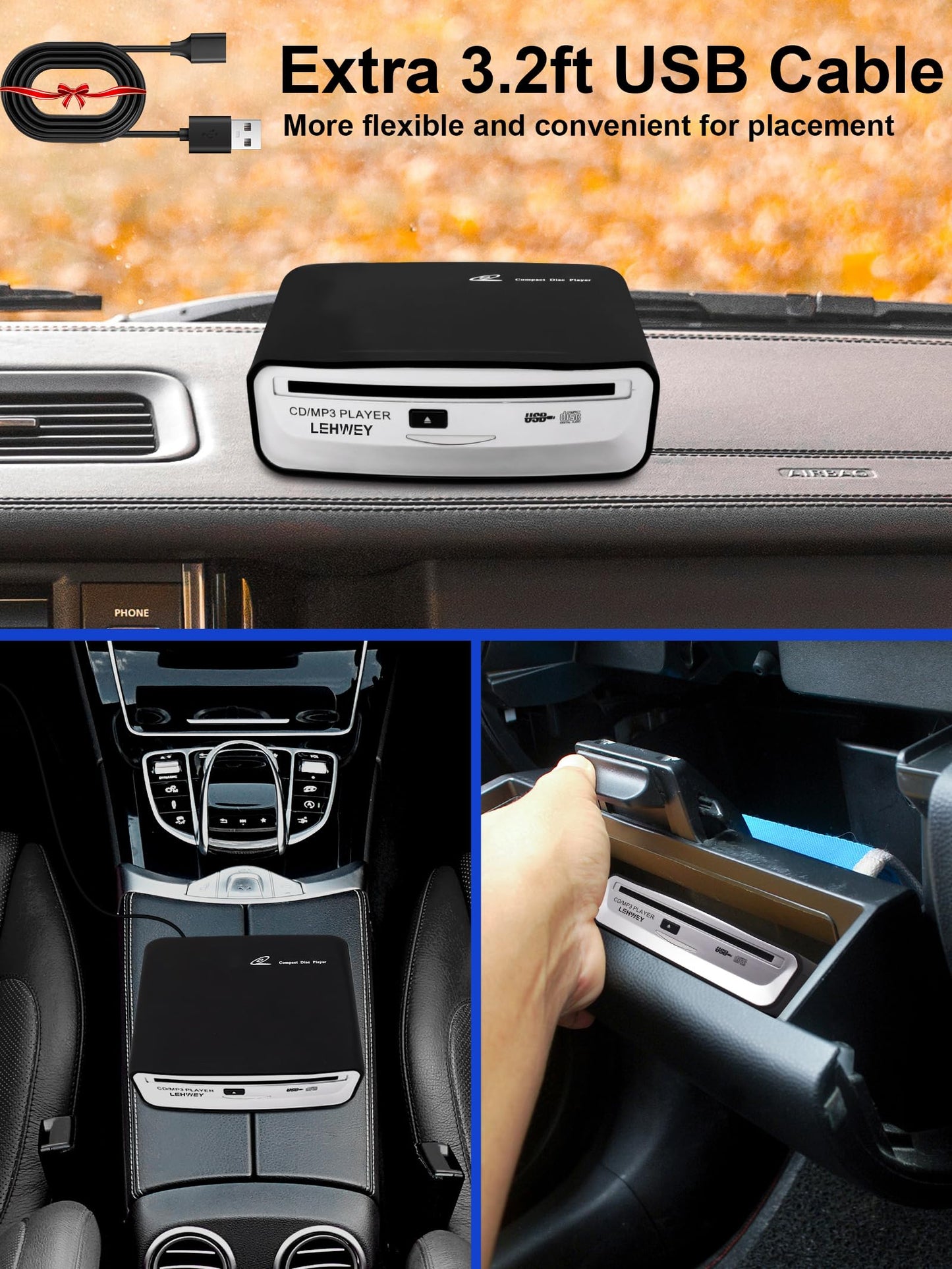 External Universal CD Player for Car - LEHWEY Portable CD Player with Extra USB Extension Cable, Plugs into Car USB Port, Laptop, TV, Mac, Computer, for Android 4.4 and Above Navigation