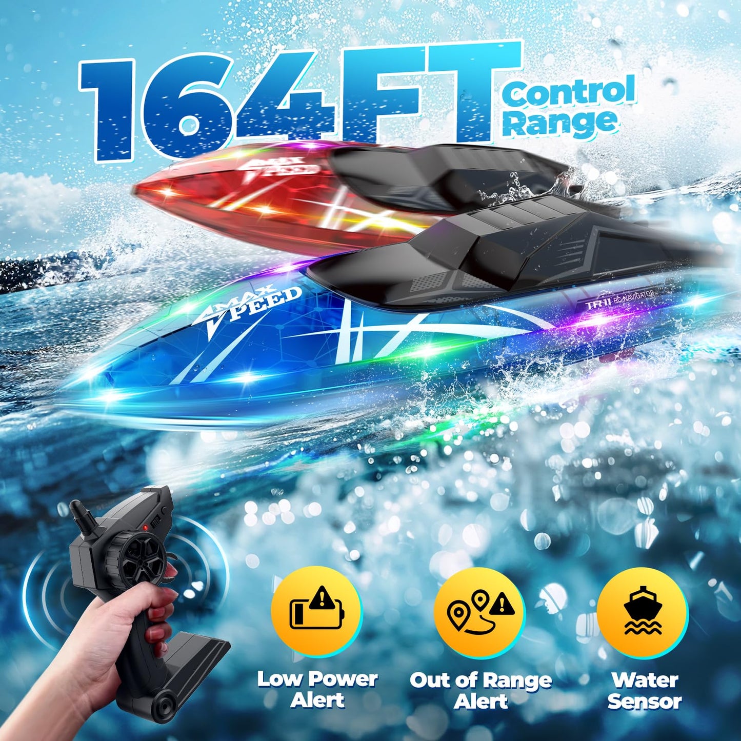 TOLLCY Remote Control Boat for Kids, 2Pack RC Boats with LED Lights for Pools Lakes River & Bathtub, 2.4Ghz Control, Whole Body Waterproof, 2 Rechargeable Batteries Summer Water Toys