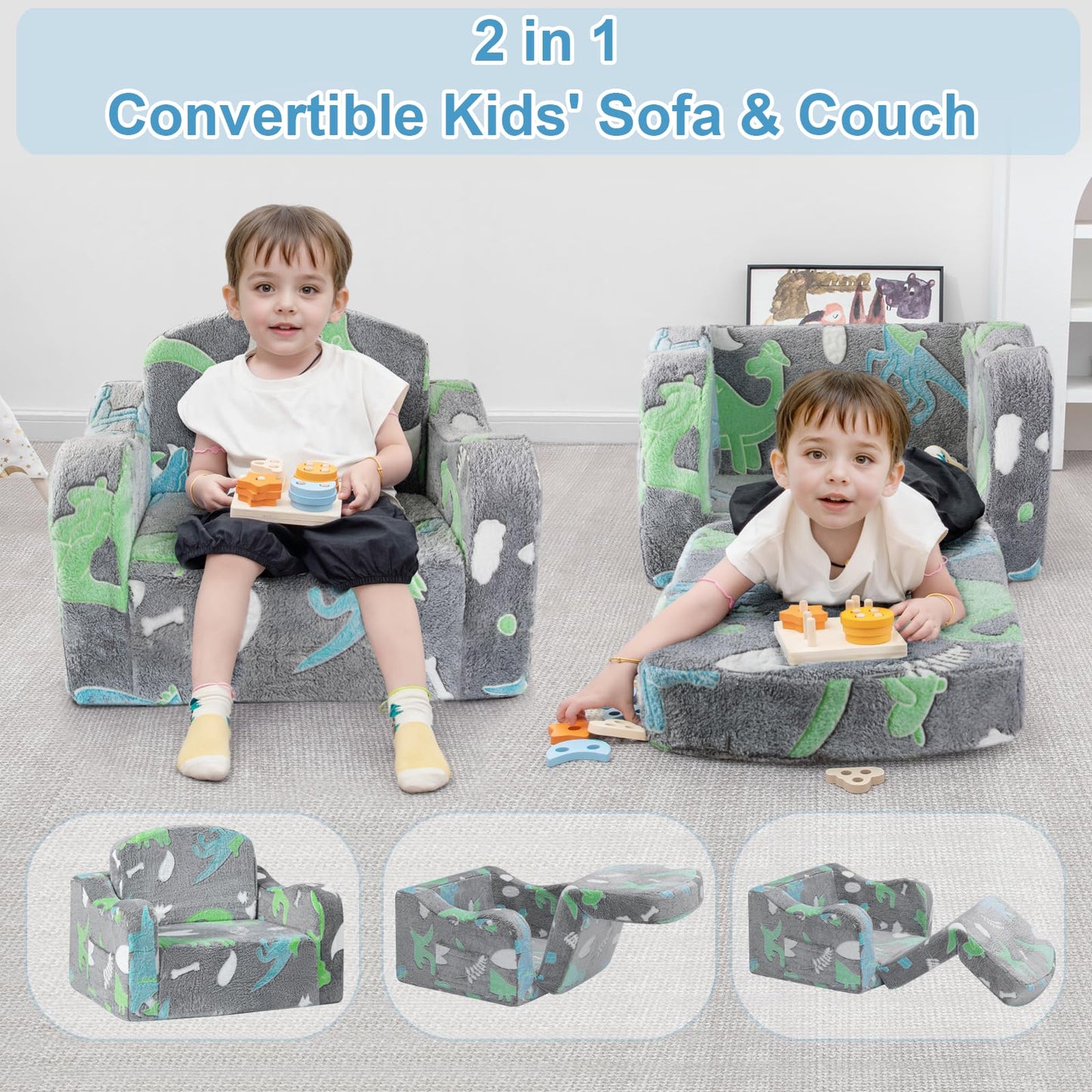 Airpanda Comfy Kids Chair and Couch with Blanket,2-in-1 Soft Fold Out Couch for Girls and Boys,Convertible Sofa Chair for Playroom,Gray Dinosaur